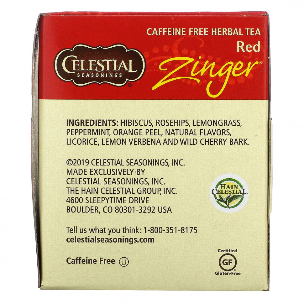 Celestial Seasonings, травяной чай, Red Zinger, без кофеина, 20 чайных пакетиков, 49 г (1,7 унции)