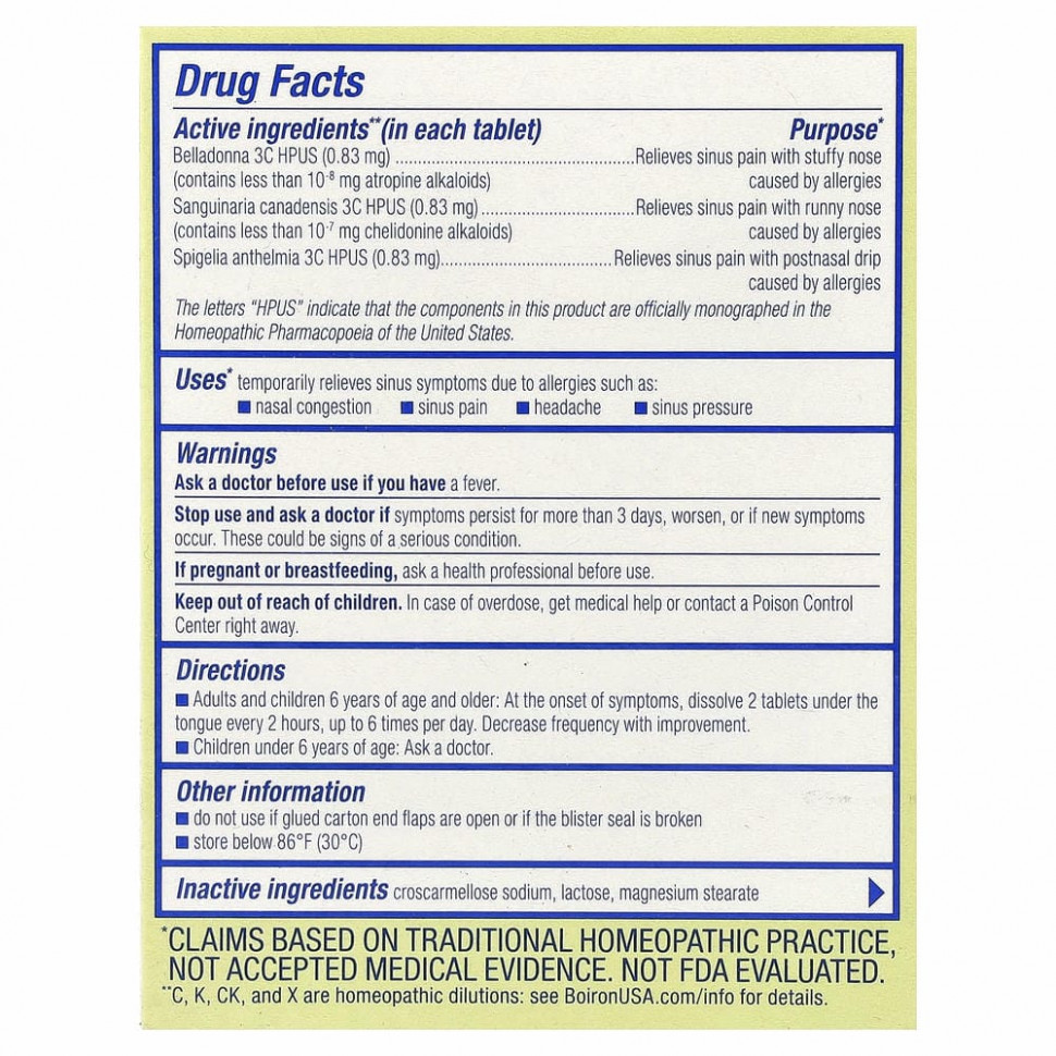 Boiron, SinusCalm Allergy, облегчение носа, без добавок, 60 таблеток Meltaway