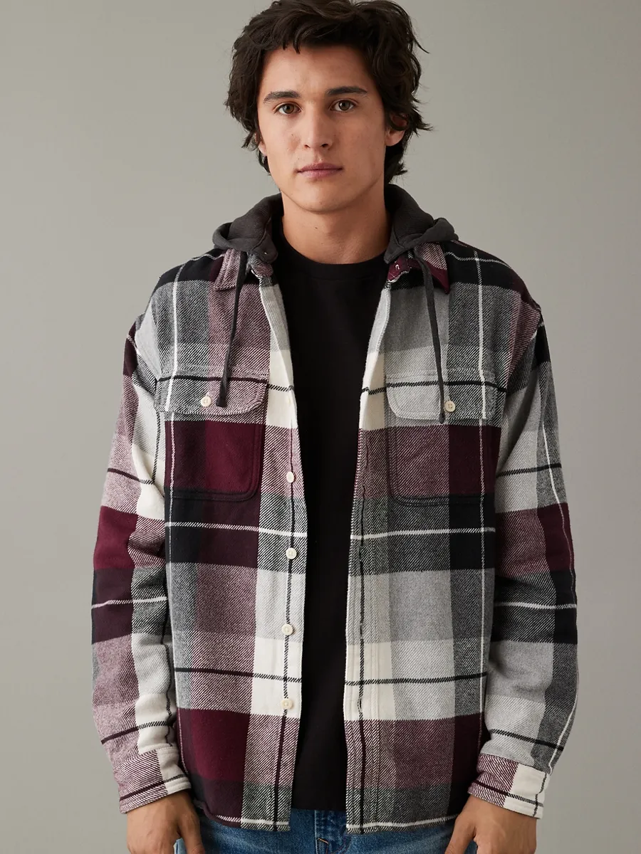 AMERICAN EAGLE MEN JEFFREY PLAID HOODED 3X1 FLANNEL 647 MAROON