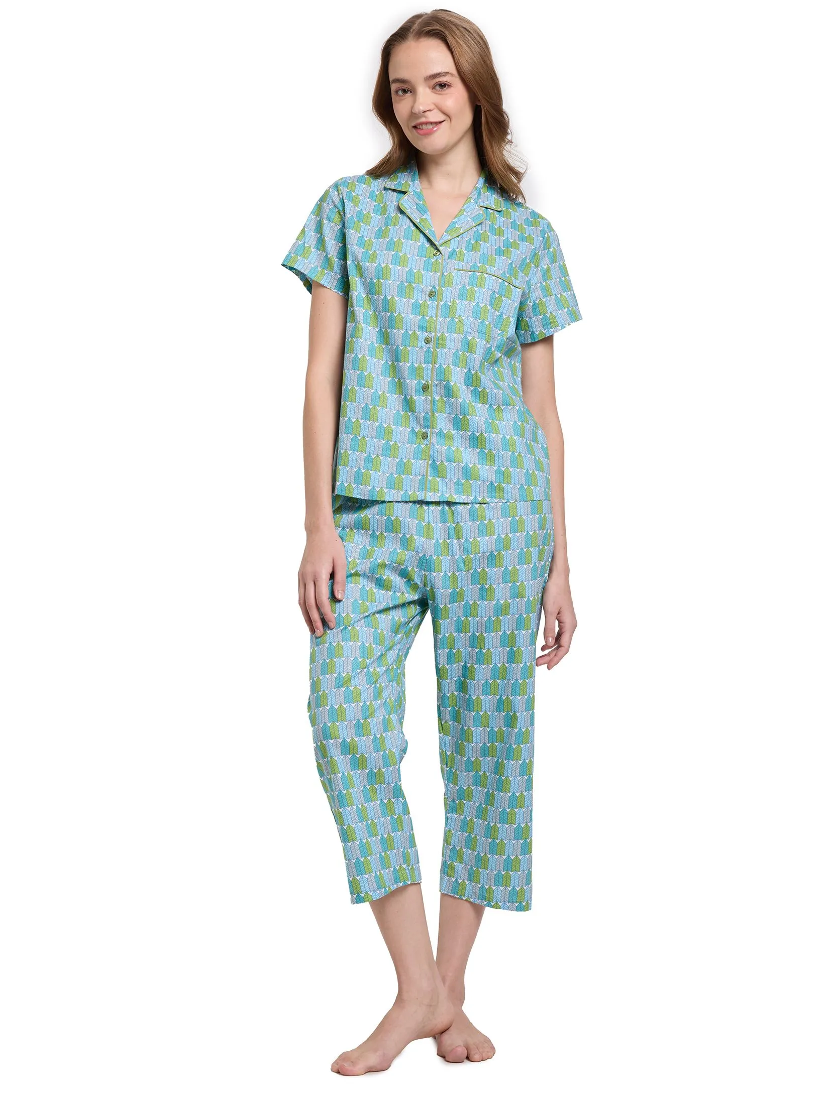 CLAUDIA'S ROMANCE Women Pajamas Shirt Short Sleeves + Cropped Pants Light Blue