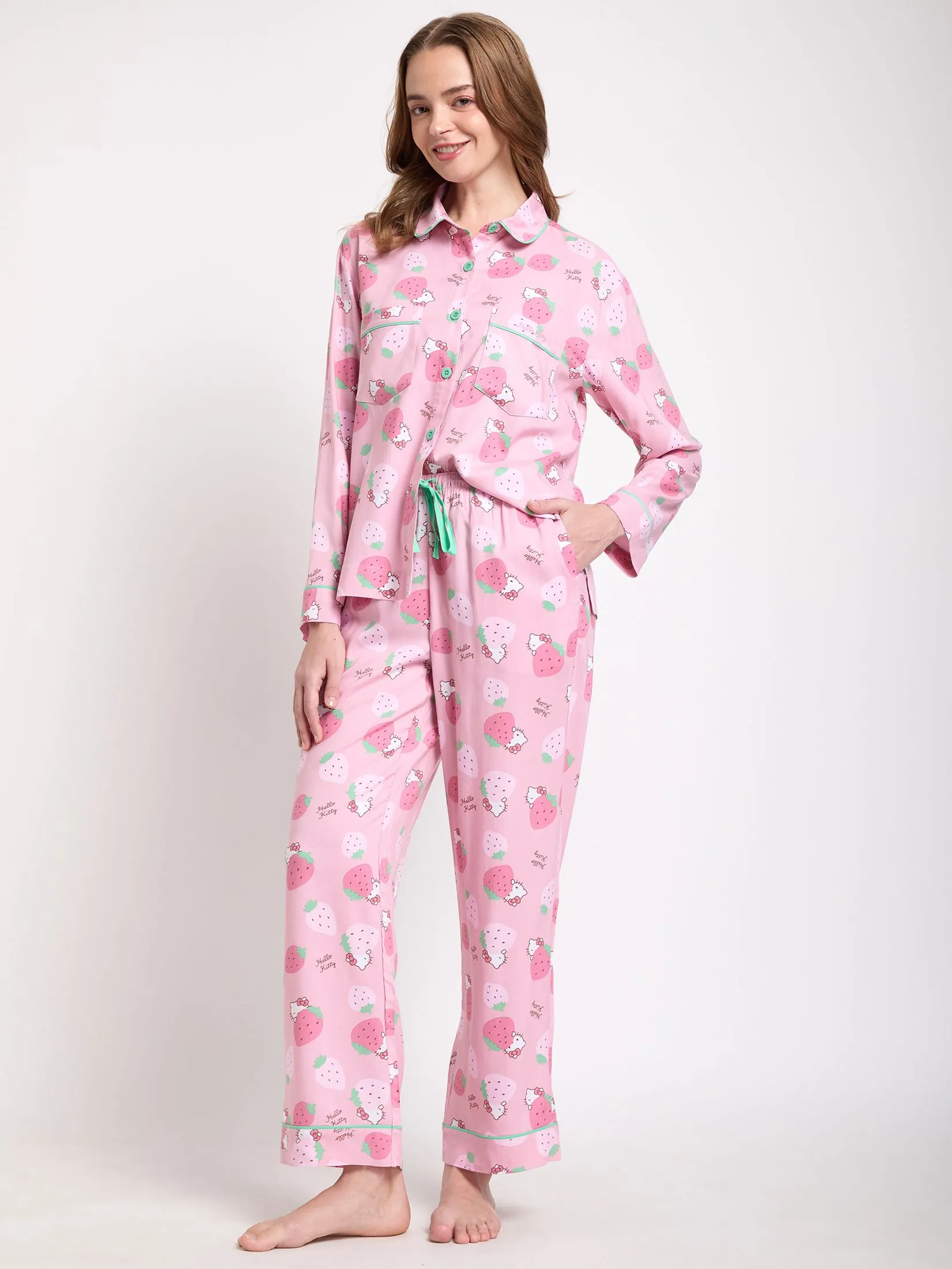 SANRIO Women Pyjamas Shirt Long Sleeves + Pants Strawberry Hello Kitty Pink