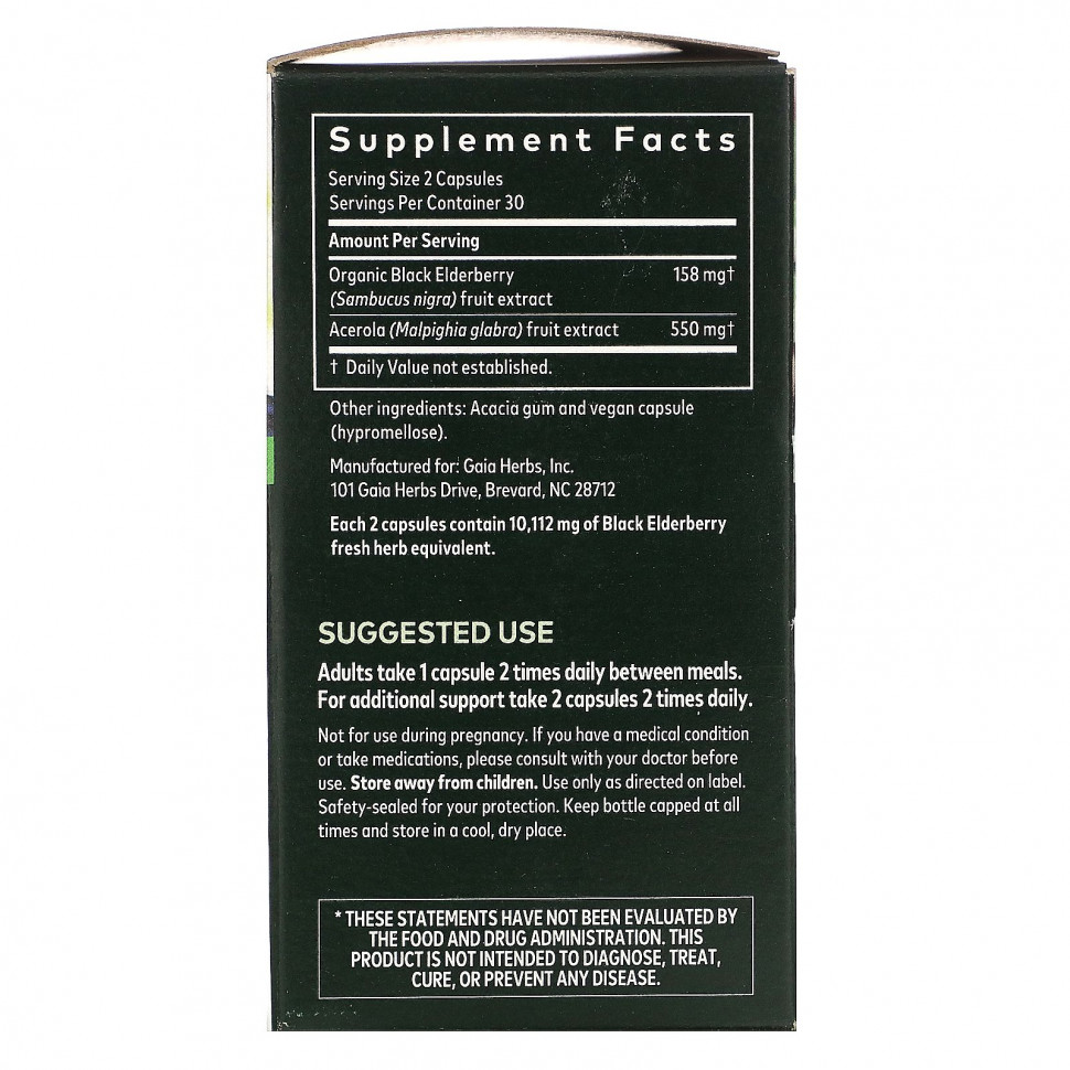 Gaia Herbs, черная бузина с фруктами ацеролы, 60 веганских капсул