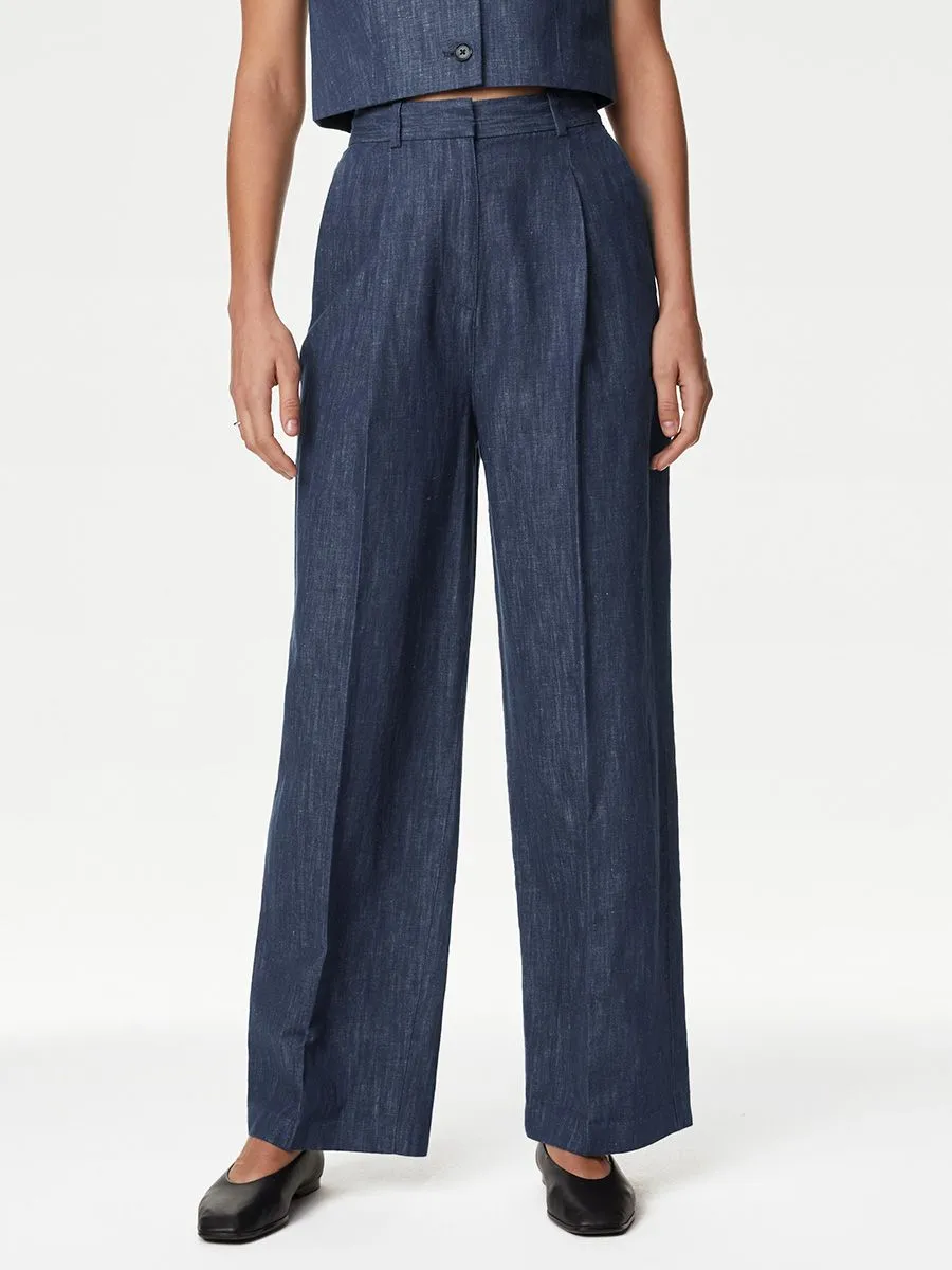 MARKS & SPENCER Women Trousers Wide Leg Pleat Front Cotton Rich Blue Mix Size - 14 Short