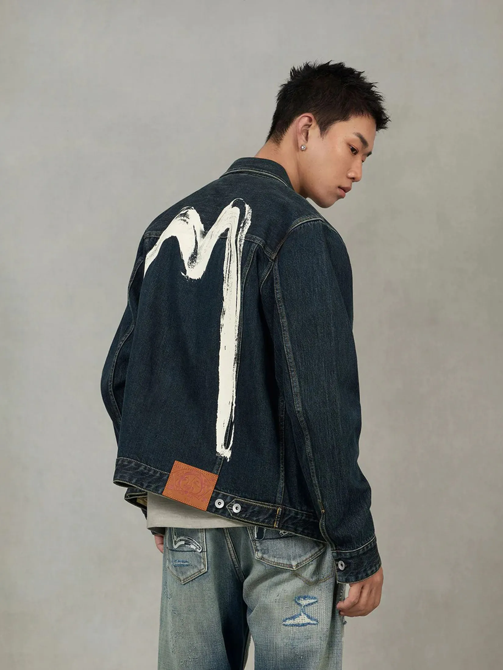 EVISU Men Denim Jacket Washed Brushstroke Daicock Print Regular Fit Indigo