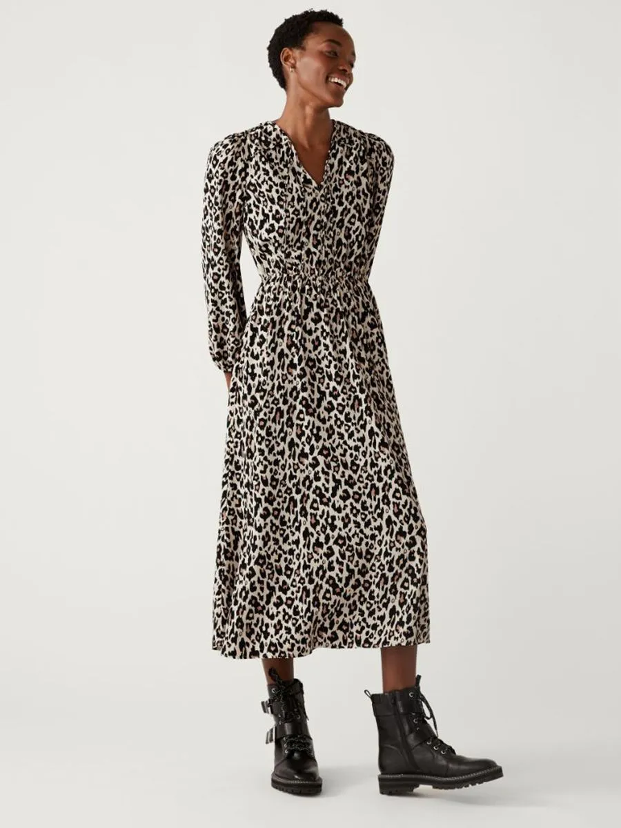 MARKS & SPENCER Women Animal Print Tie Neck Midaxi Waisted Dress Size - 18_PETITE