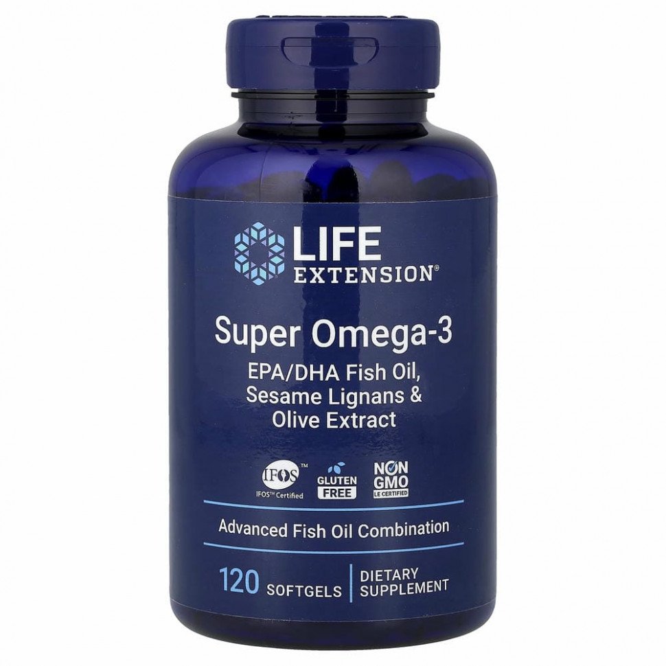 Life Extension, супер омега-3 из рыбьего жира с ЭПК и ДГК, с лигнанами кунжута и экстрактом оливы, 120 капсул - LEX-19821-120 шт.