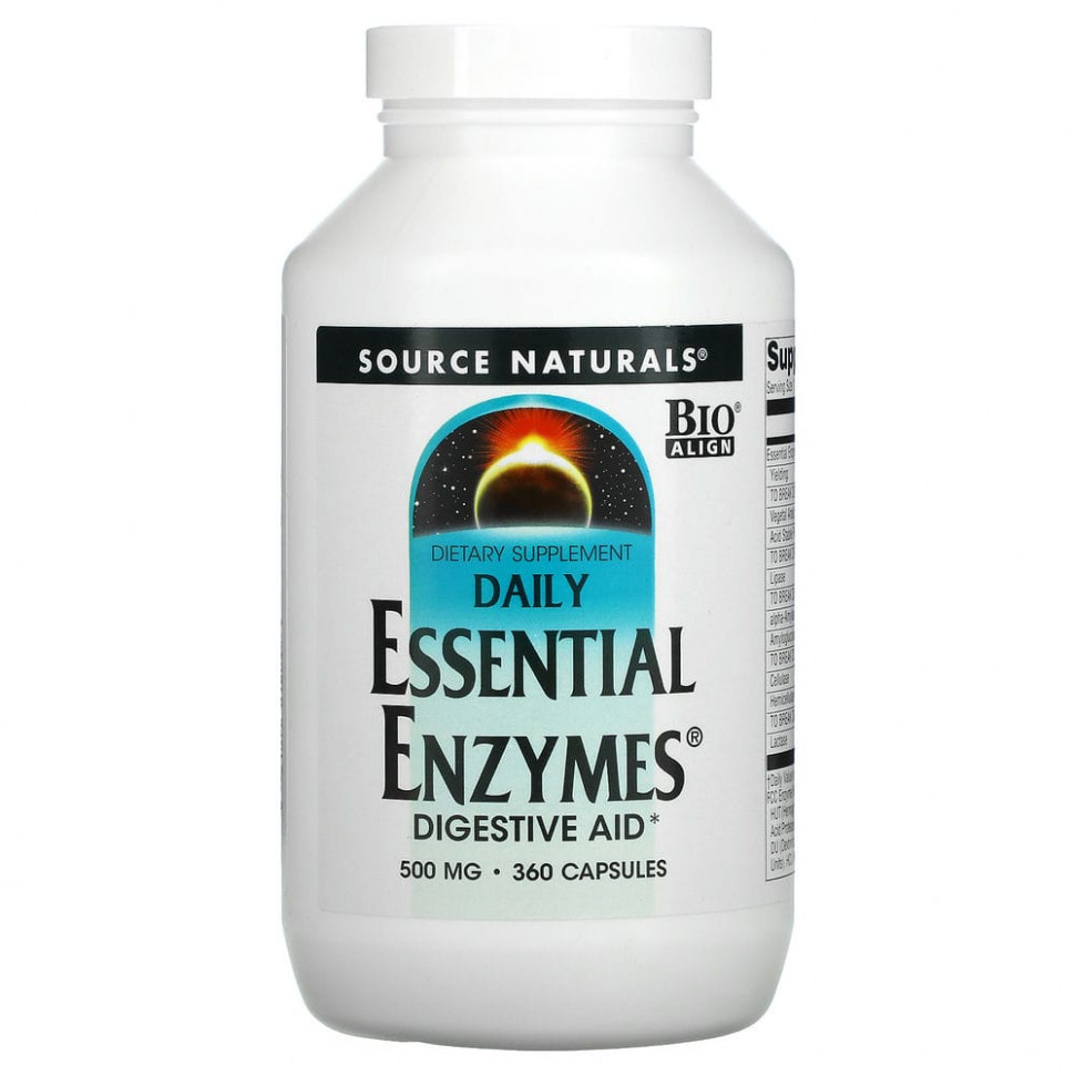 Source Naturals, Daily Essential Enzymes, пищеварительные ферменты для ежедневного использования, 500 мг, 360 капсул - SNS-01804-240 шт.