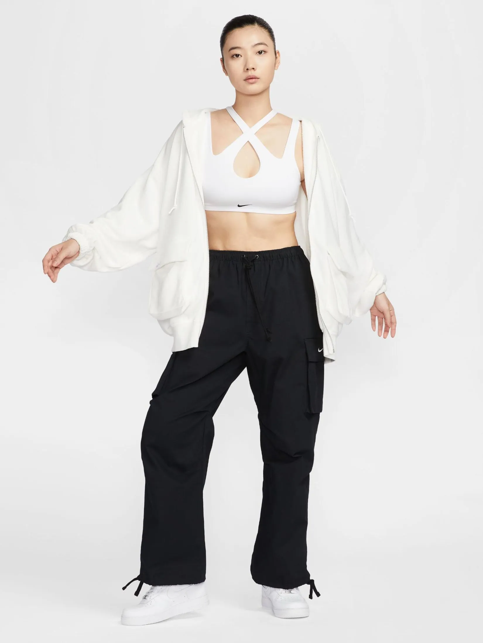 NIKE Women Hoodie Full Zip French Terry Oversized Sail/Lt Orewood Brn