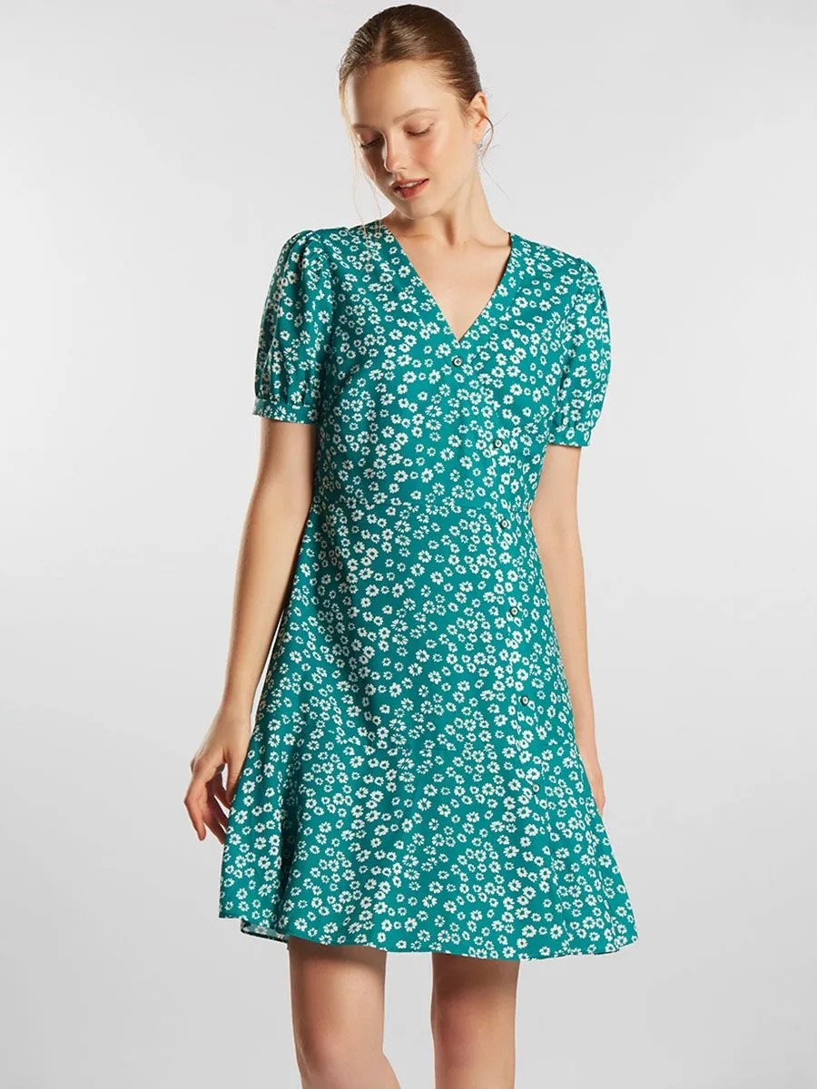 ESP Floral Print Dress Women Dark Green