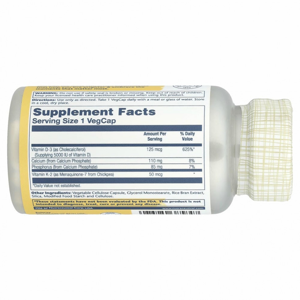 Solaray, витамины D3 и K2, без сои, 60 растительных капсул