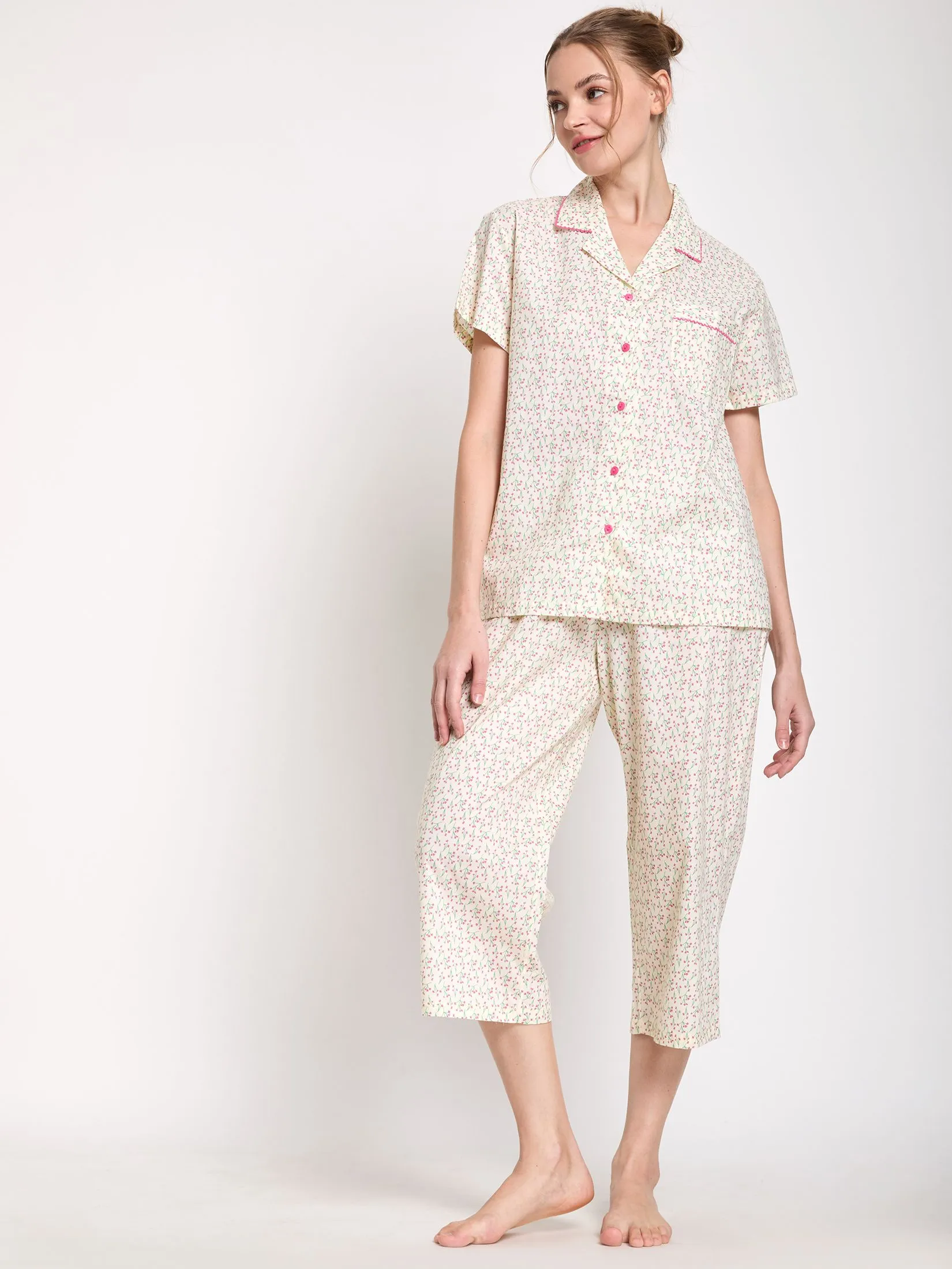 CLAUDIA'S ROMANCE Women Pyjamas Set Hawaiian Shirt Short Sleeves + Cropped Pants Yellow