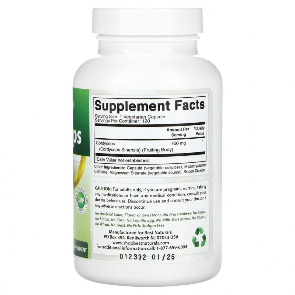 Best Naturals, Кордицепс, формула премиального качества, 750 мг, 120 вегетарианских капсул