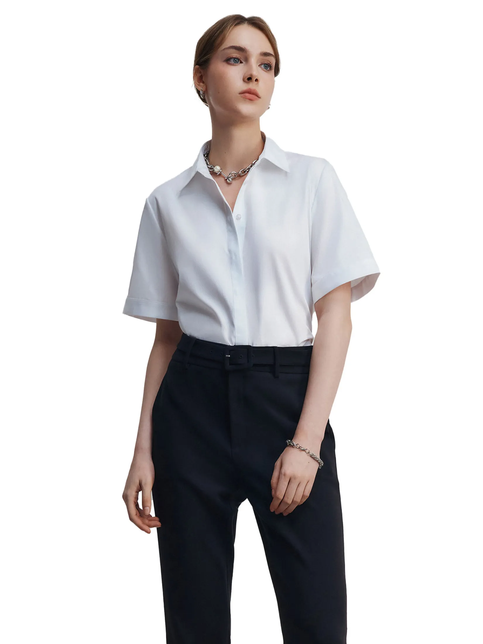 G2000 Women Clothing Easy Care Cotton Satin Short Sleeve Shirt  Loose Fit - White