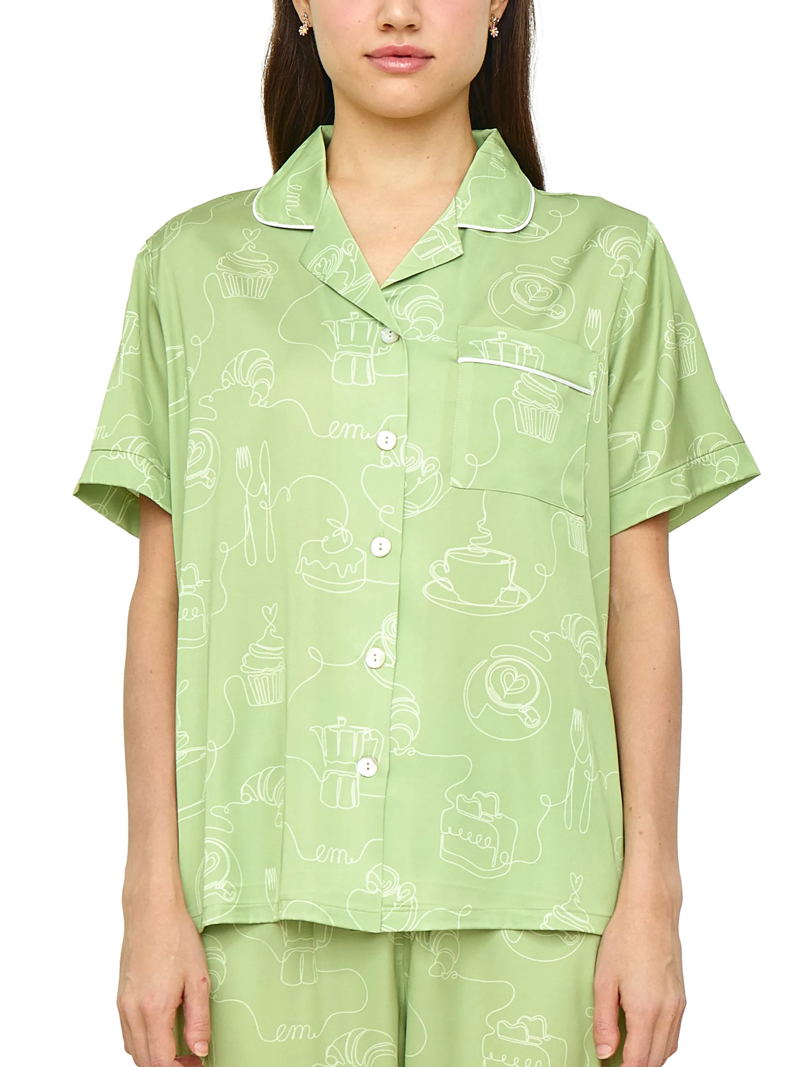 WACOAL Women Sleepwear Collection CAFE  CATION short sleeved, long legged , Coffee Print pattern Green