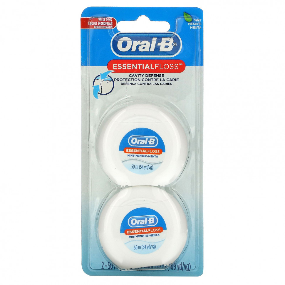 Oral-B, Essential Floss, экономичная упаковка, мята, 2 упаковки по 50 м (54,6 ярда)