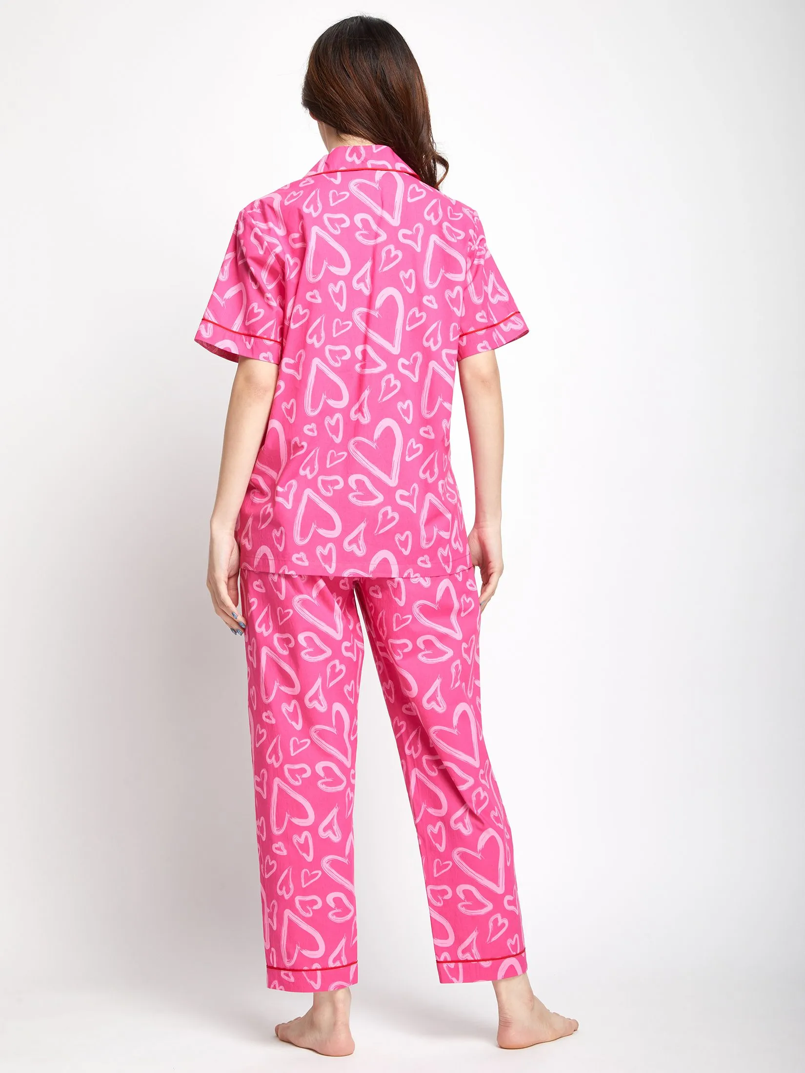 FOF Women Pyjamas Shirt Collar Neck Short Sleeves + Pants Heart Print Pink