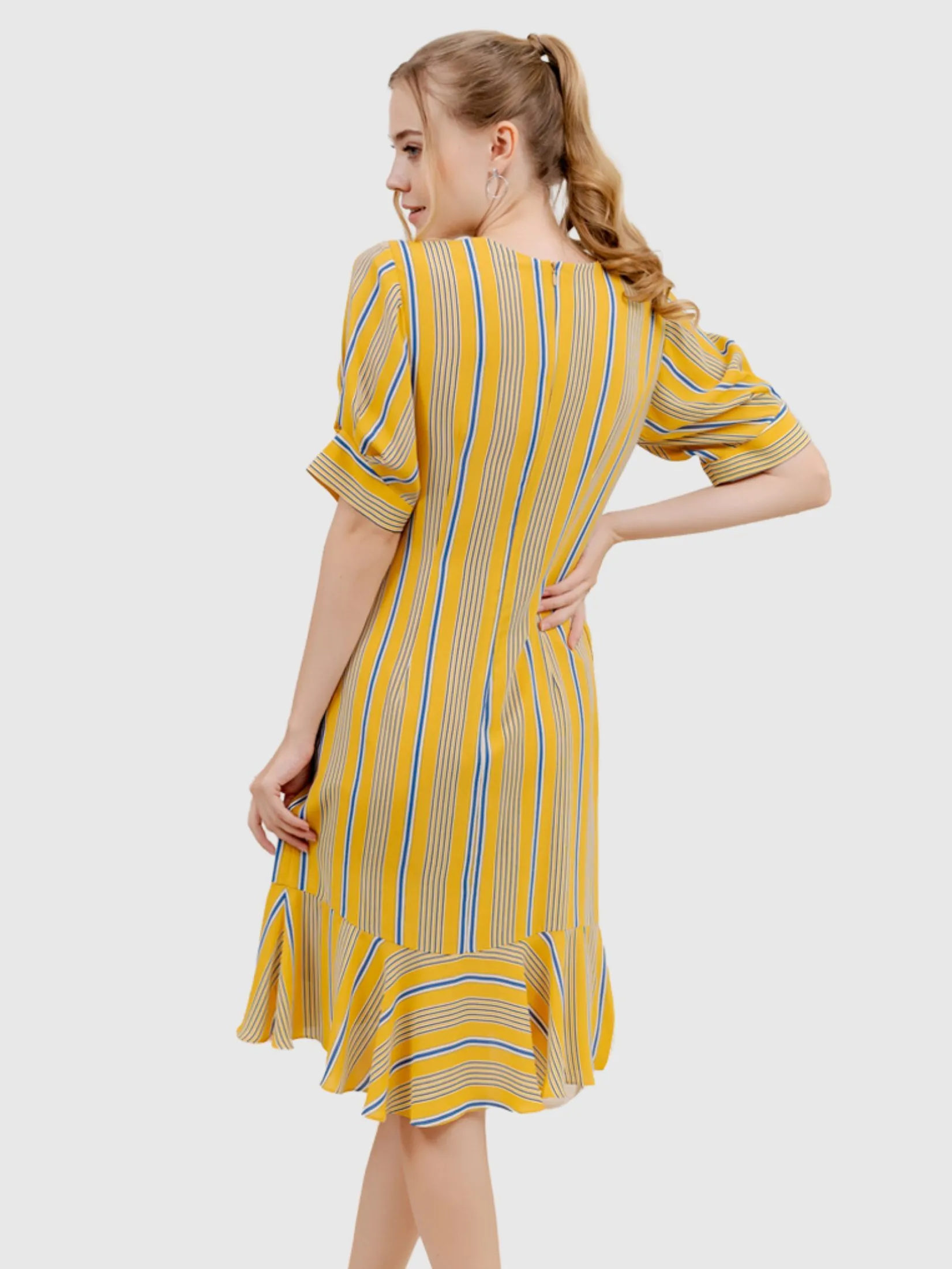 VERONIQA Women Dress Short Sleeves Chiffon Print Yellow