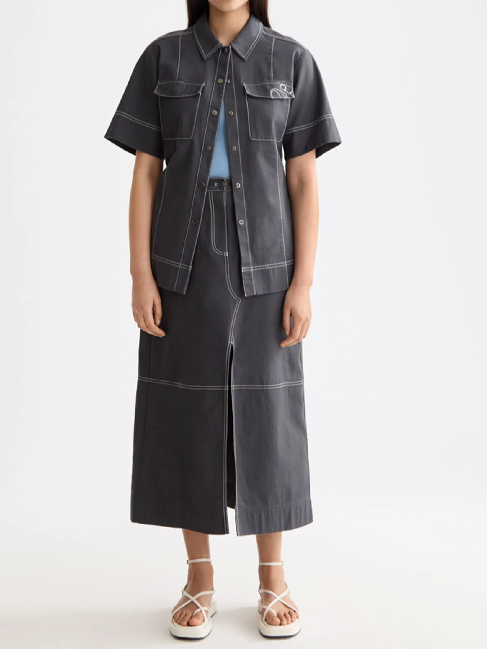 SCOTCH&SODA Women Midi Skirt Workwear With Front Slit Charcoal Art