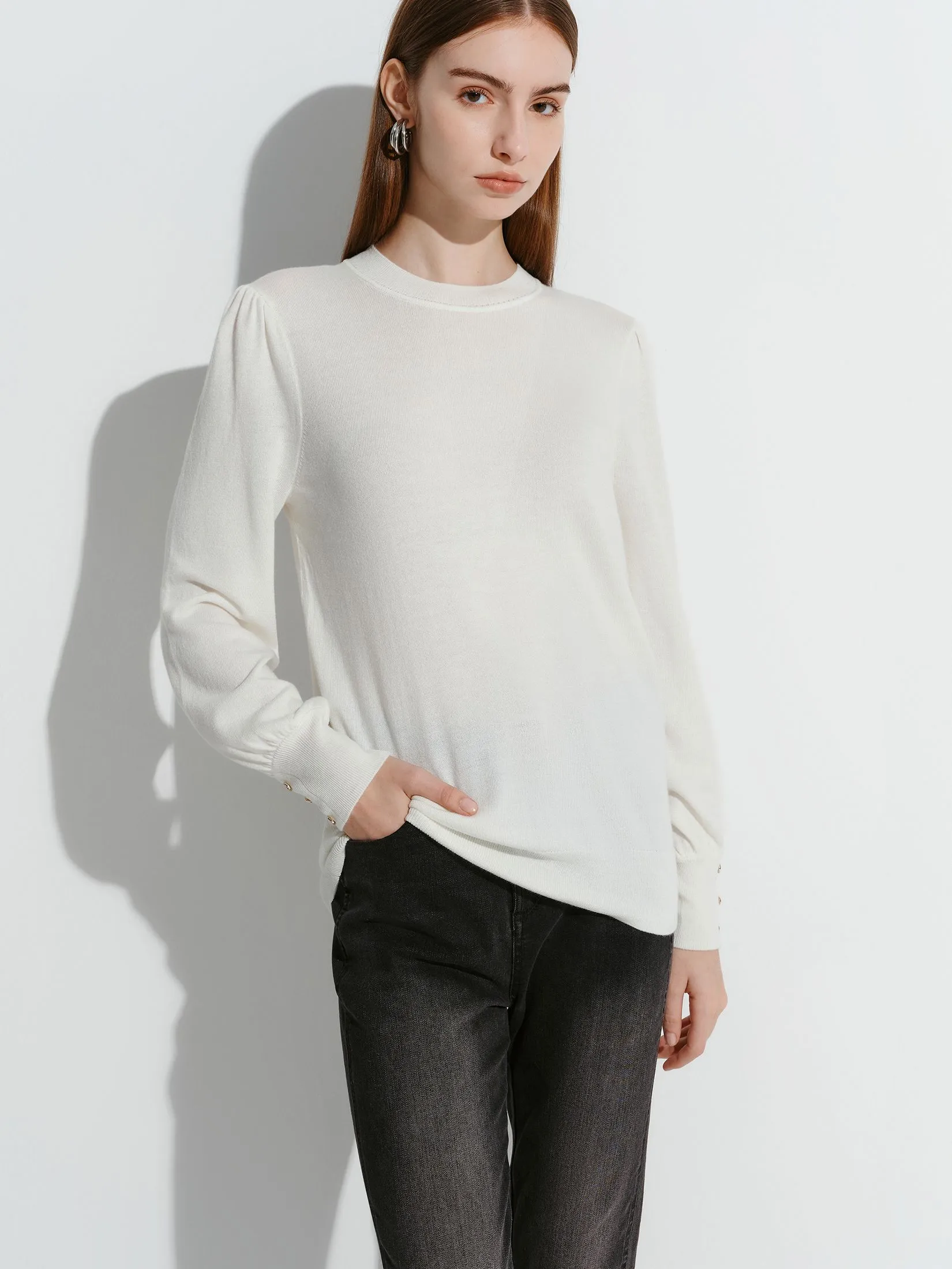 G2000 Women Clothing Crew Neck Puff Sleve Sweater Top Regular Fit - Off-White