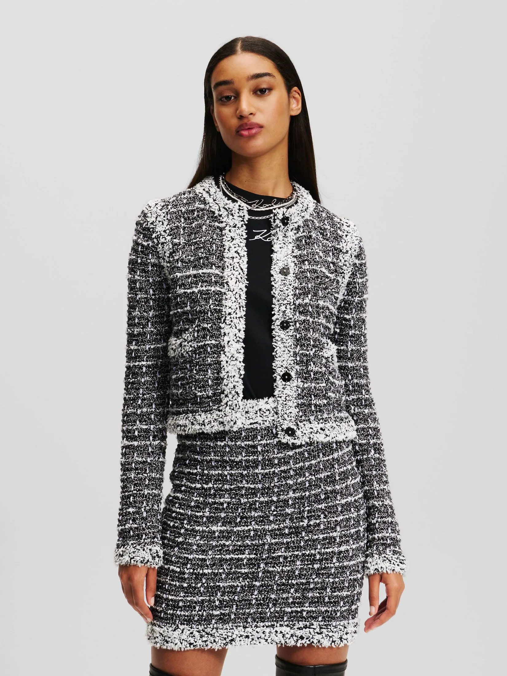 KARL LAGERFELD BOUCLE CARDIGAN BLACK/WHITE/SWEET LAVENDER