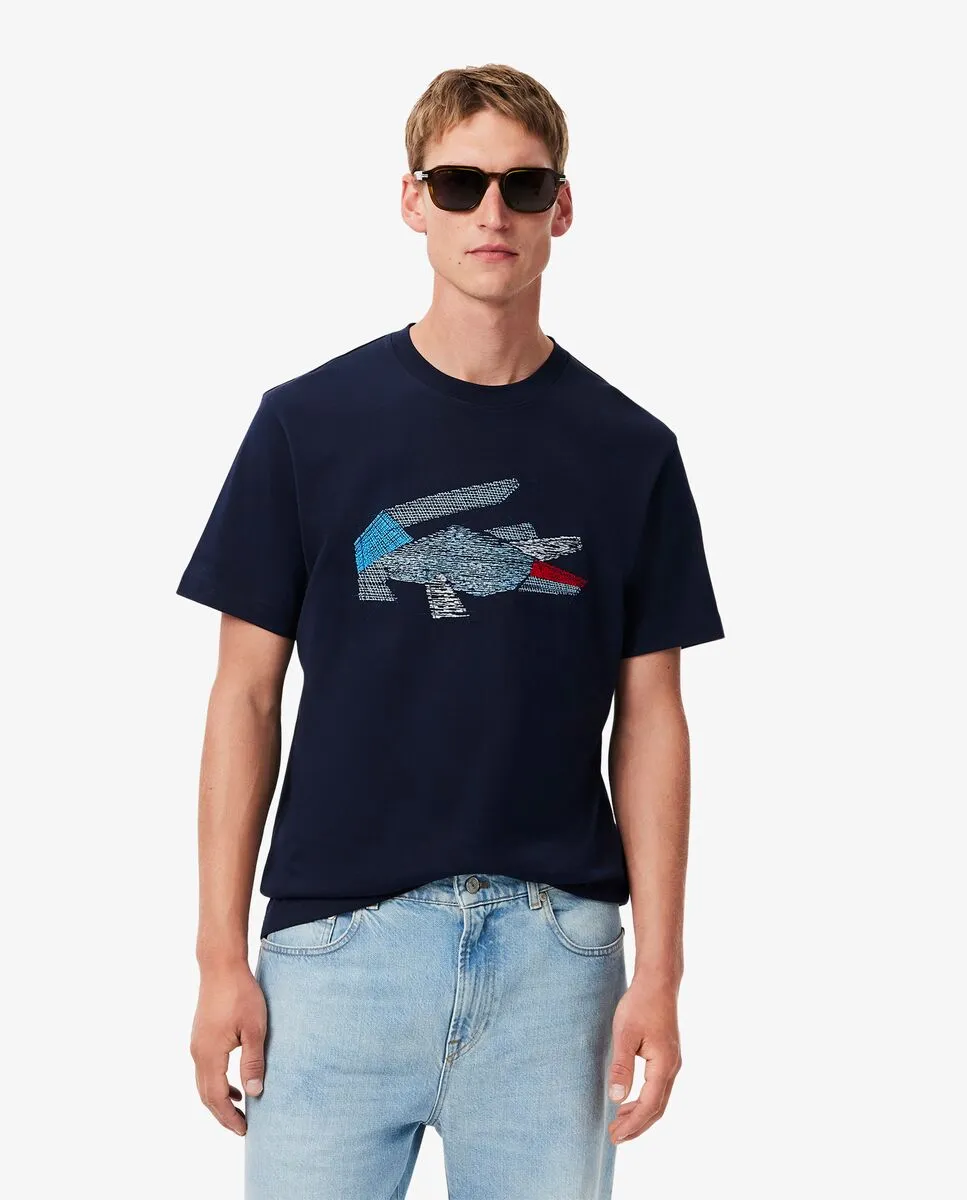 LACOSTE Heavy Cotton Crocodile Graphic T-shirt Blue Size - 8