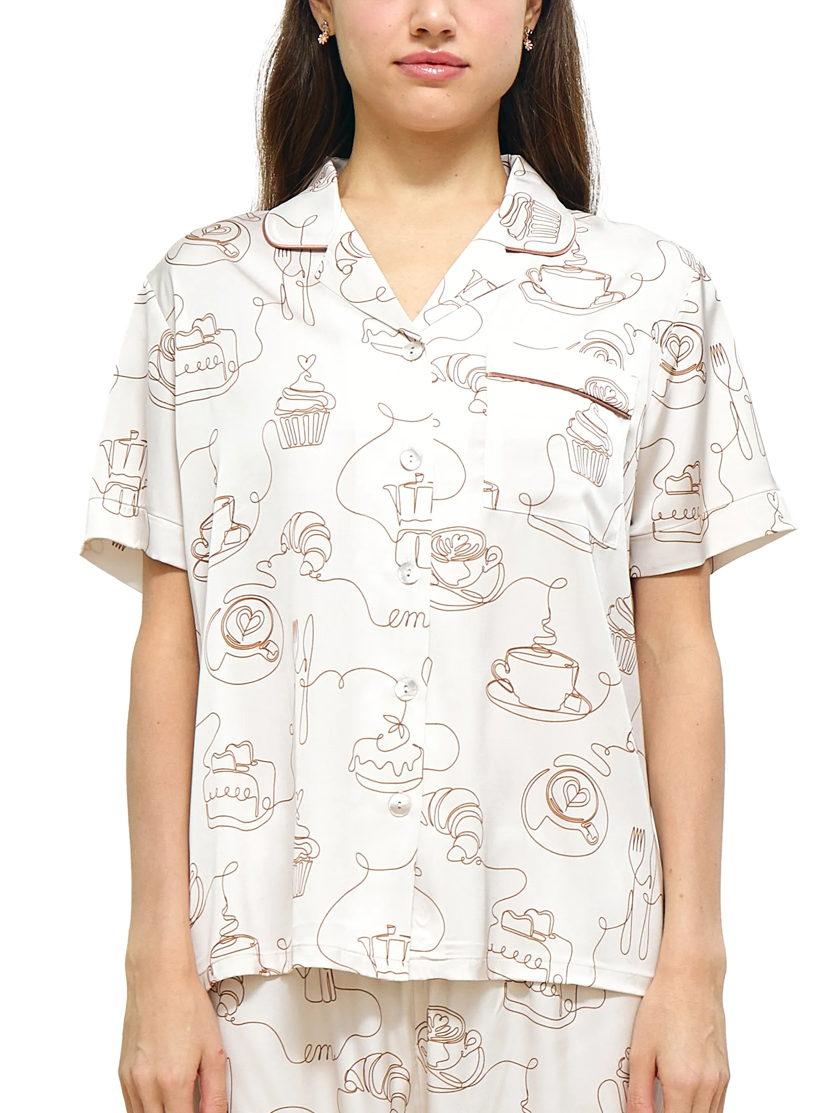 WACOAL Women Sleepwear Collection CAFE  CATION short sleeved, long legged , Coffee Print pattern Beige