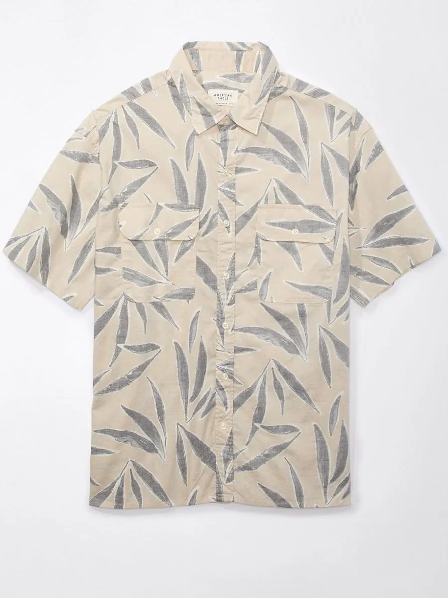 AMERICAN EAGLE MEN PALMER LEAVES SS OVERSIZED CSC 32S POPLIN REVERSE PRINT 207 TAN