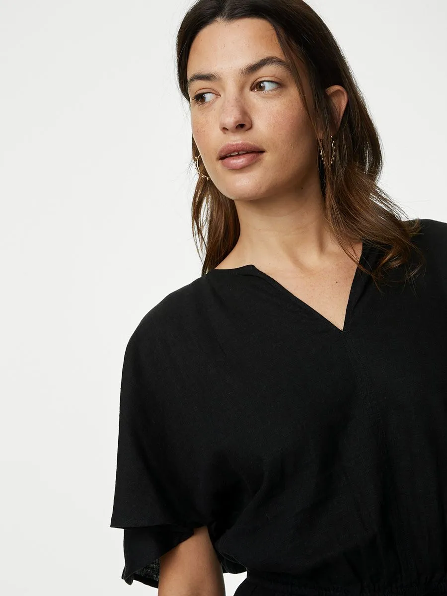 MARKS & SPENCER Women Dress V-Neck Knee Length Swing Linen Blend Black