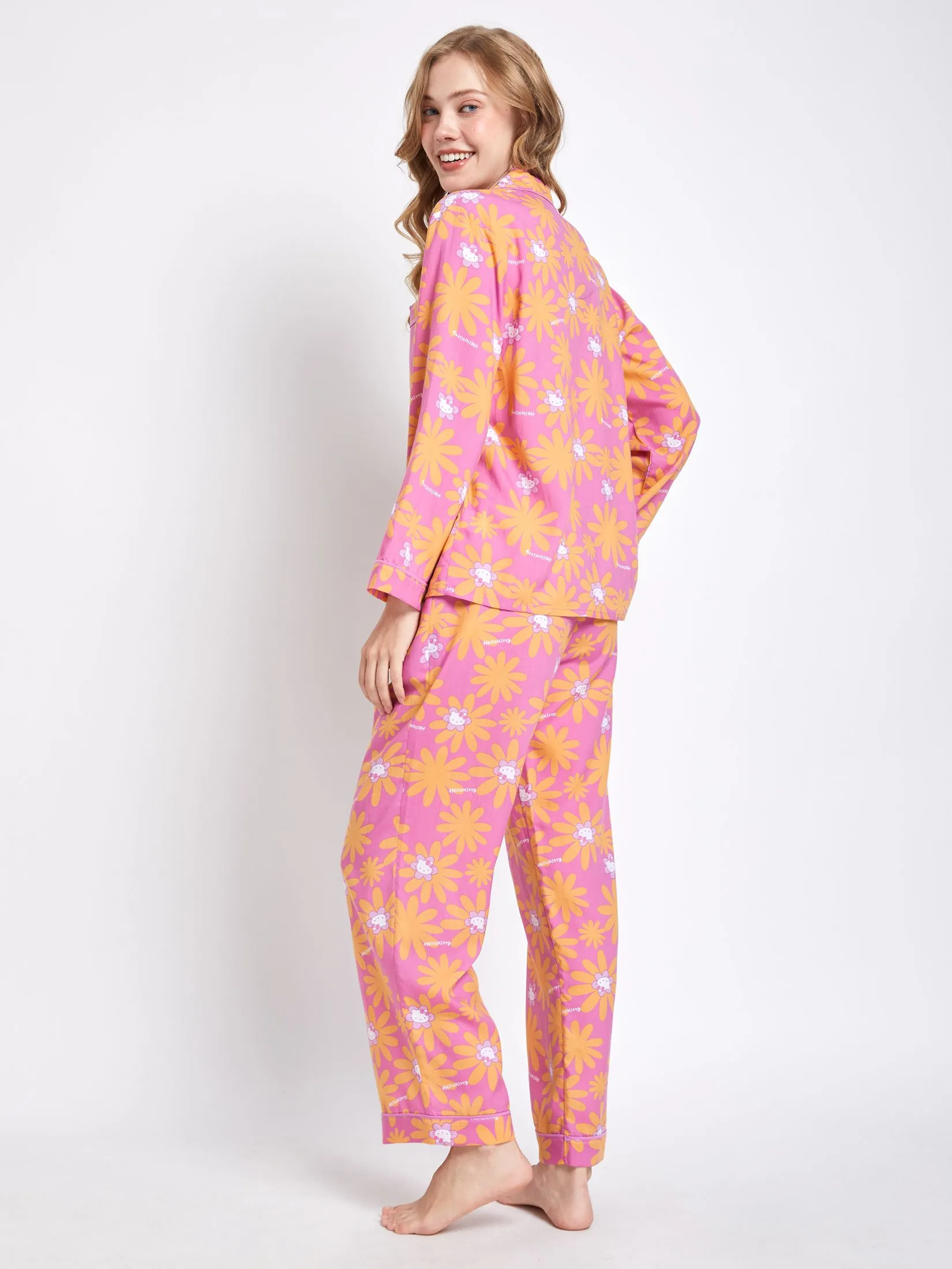 SANRIO Women Pyjamas Shirt Long Sleeves + Pants Flower Face Hello Kitty Pink
