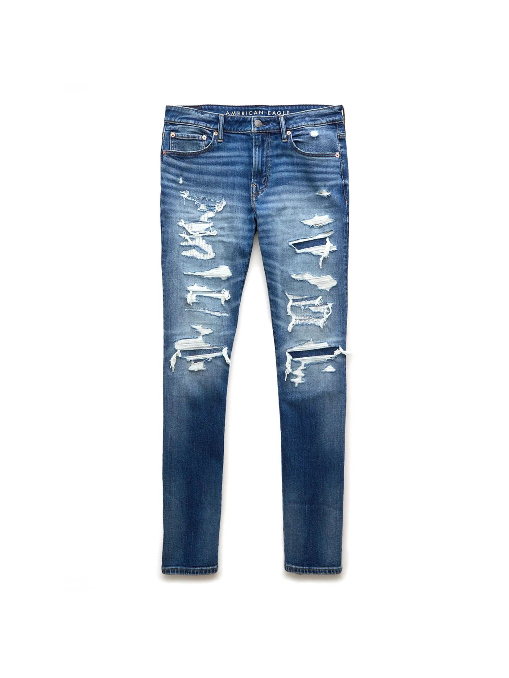 AMERICAN EAGLE MEN MEDIUM W/ DESTROY & GLUEBACK MENDING ATHLETIC SKINNY 469 SHADOW PATCHED BLUES