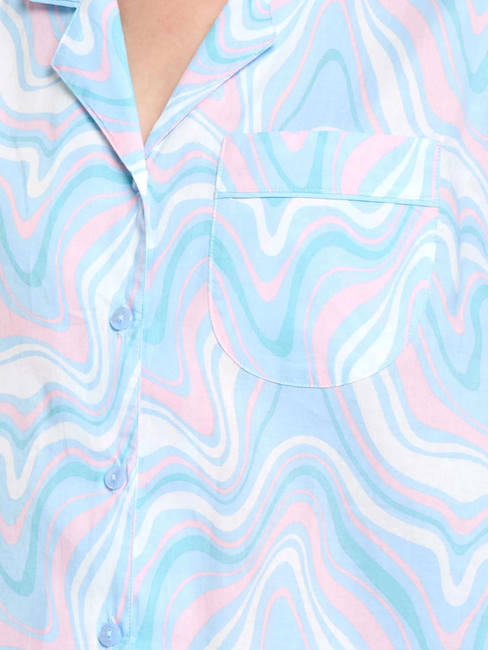 CLAUDIA'S ROMANCE Women Pyjamas Shirt Long Sleeves Hawaiian Collar + Pants Marble Swirl Light Blue