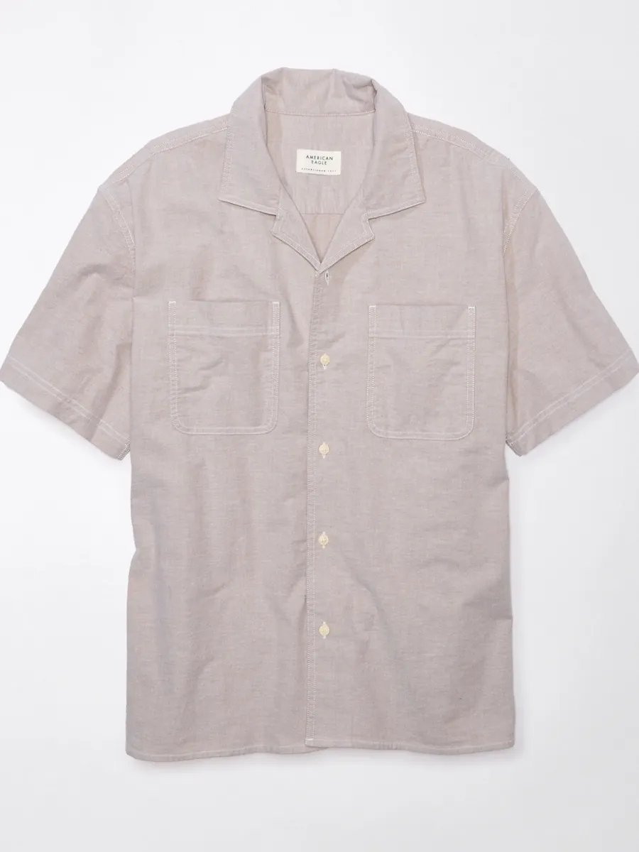 AMERICAN EAGLE MEN TOASTED ALMOND SS OVERSIZED CAMP COLLAR YD STRETCH OXFORD 238 TOASTED ALMOND Size - L