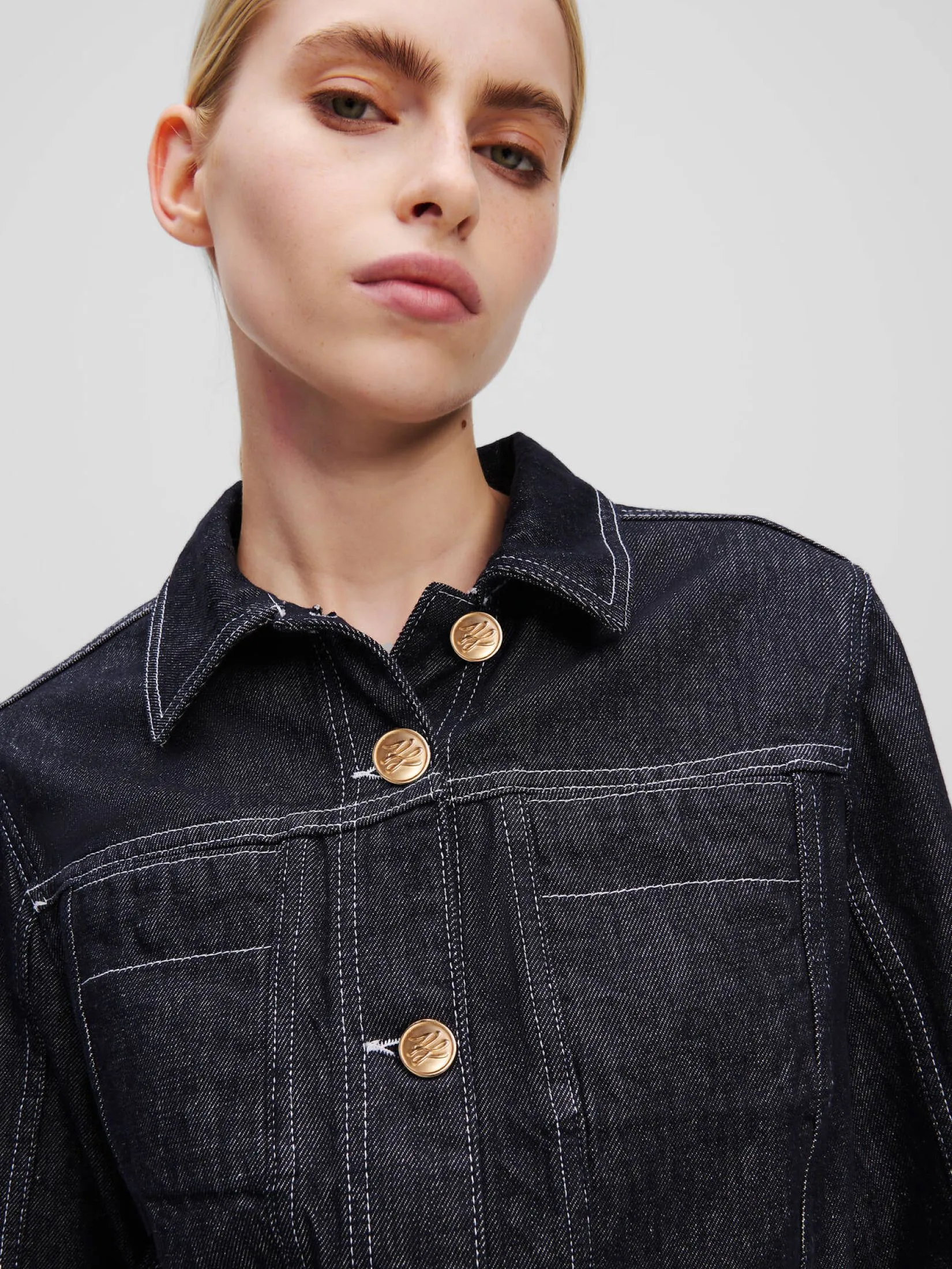 KARL LAGERFELD RTW-1 BUTTON DENIM JACKET DARK BLUE DENIM