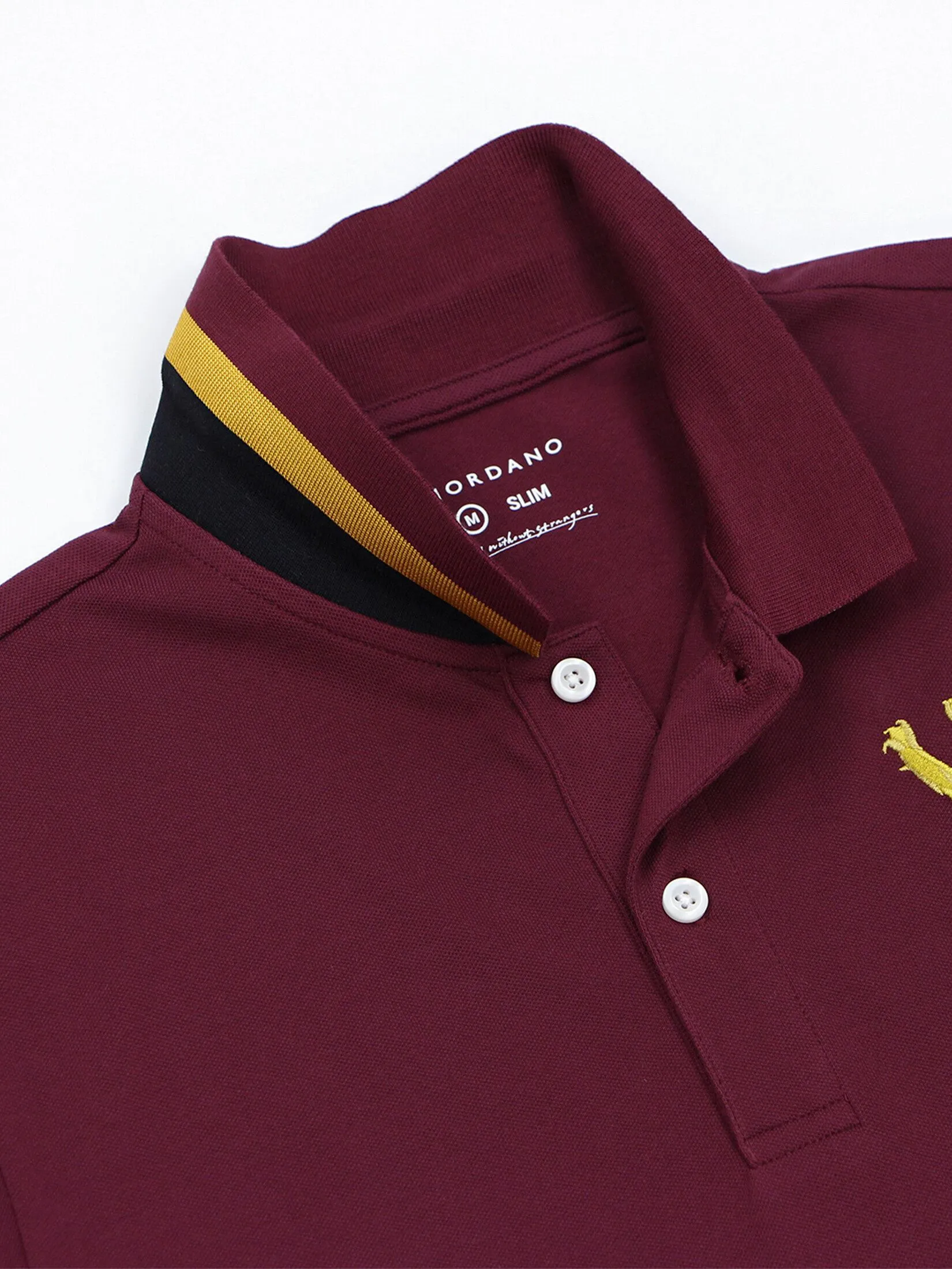 GIORDANO Men's Lycra Pique Embroidery Polo (3D Lion) Burgundy red