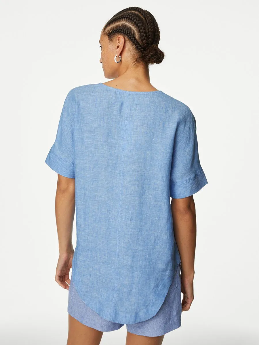 MARKS & SPENCER Women Blouse V-Neck Popover Pure Linen Light Chambray