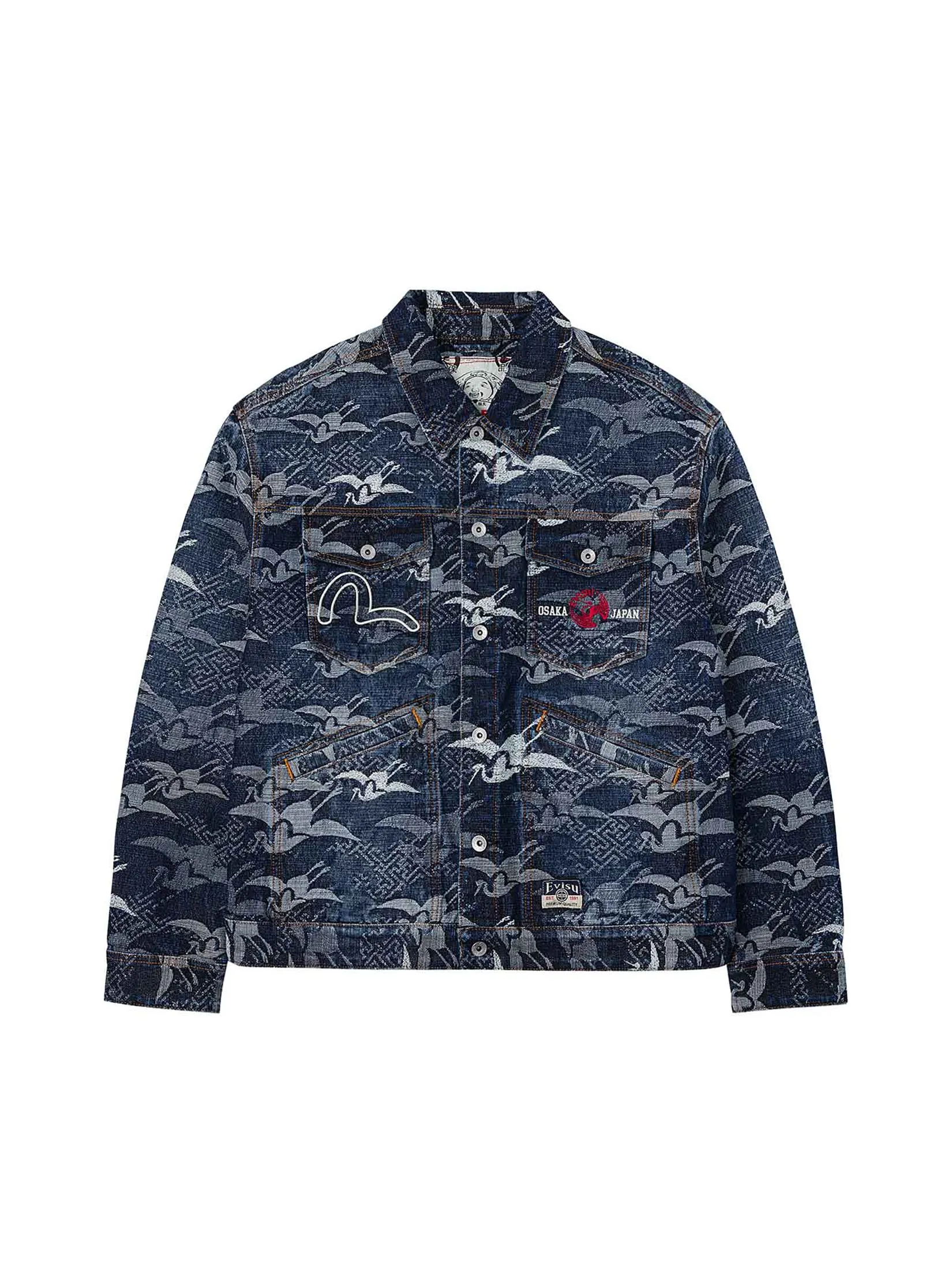 EVISU Men Denim Jacket Allover Seagull Cranes Jacquard Loose Fit Navy