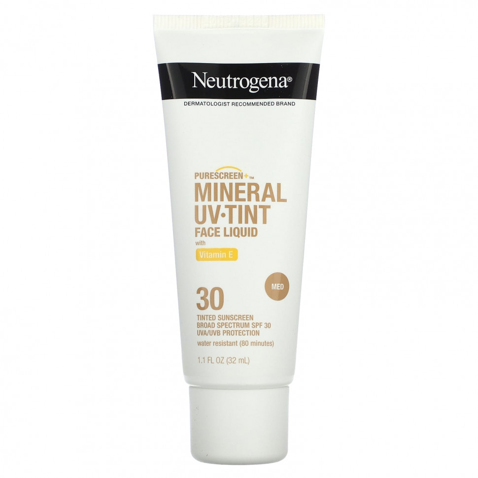 Neutrogena, Purescreen + Mineral UV Tint, жидкая тонирующая жидкость для лица с витамином E, средний, SPF 30, 32 мл (1,1 жидк. Унции)