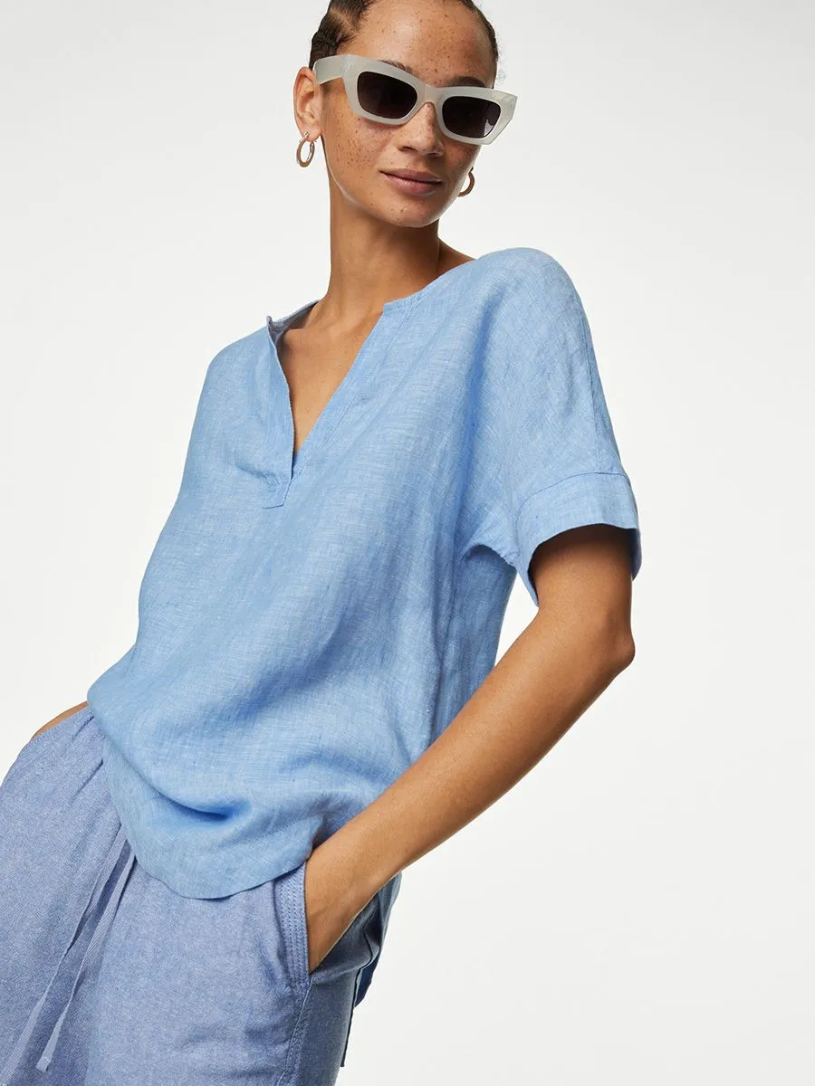 MARKS & SPENCER Women Blouse V-Neck Popover Pure Linen Light Chambray
