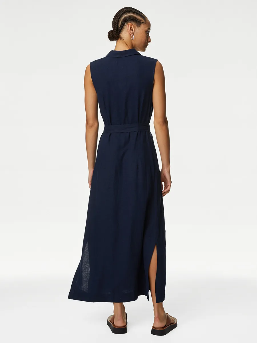 MARKS & SPENCER Women Midi Dress Button Through Linen Rich Navy