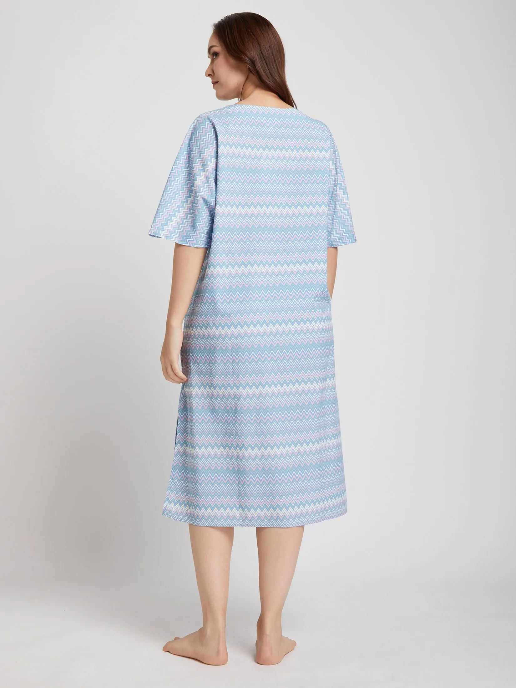 ELIZABETH Women Night Dress Short Sleeves Round Neck Stripe Print Multi-Color