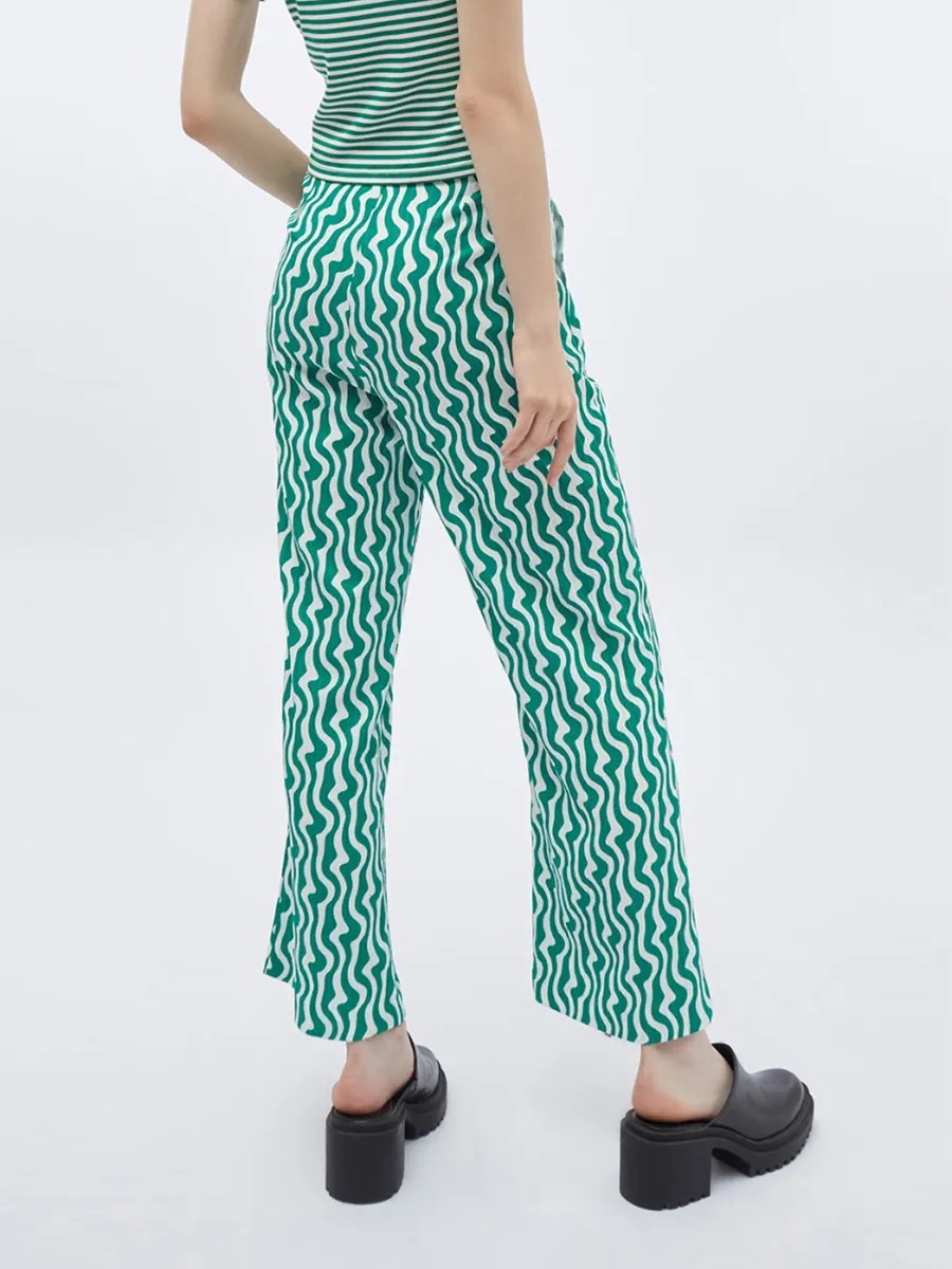 F-FASHION Abstract Animal Print Wide Leg Trousers Women Dark Green