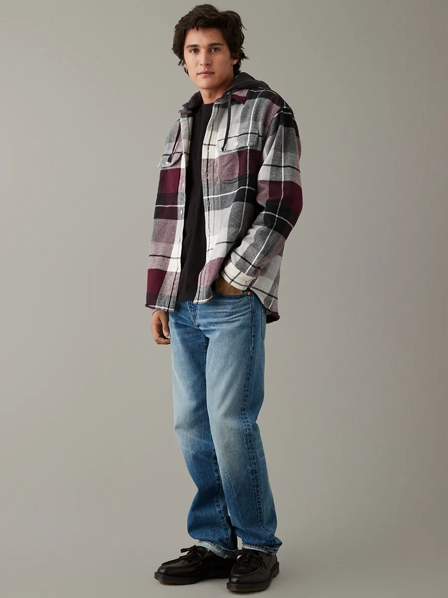AMERICAN EAGLE MEN JEFFREY PLAID HOODED 3X1 FLANNEL 647 MAROON