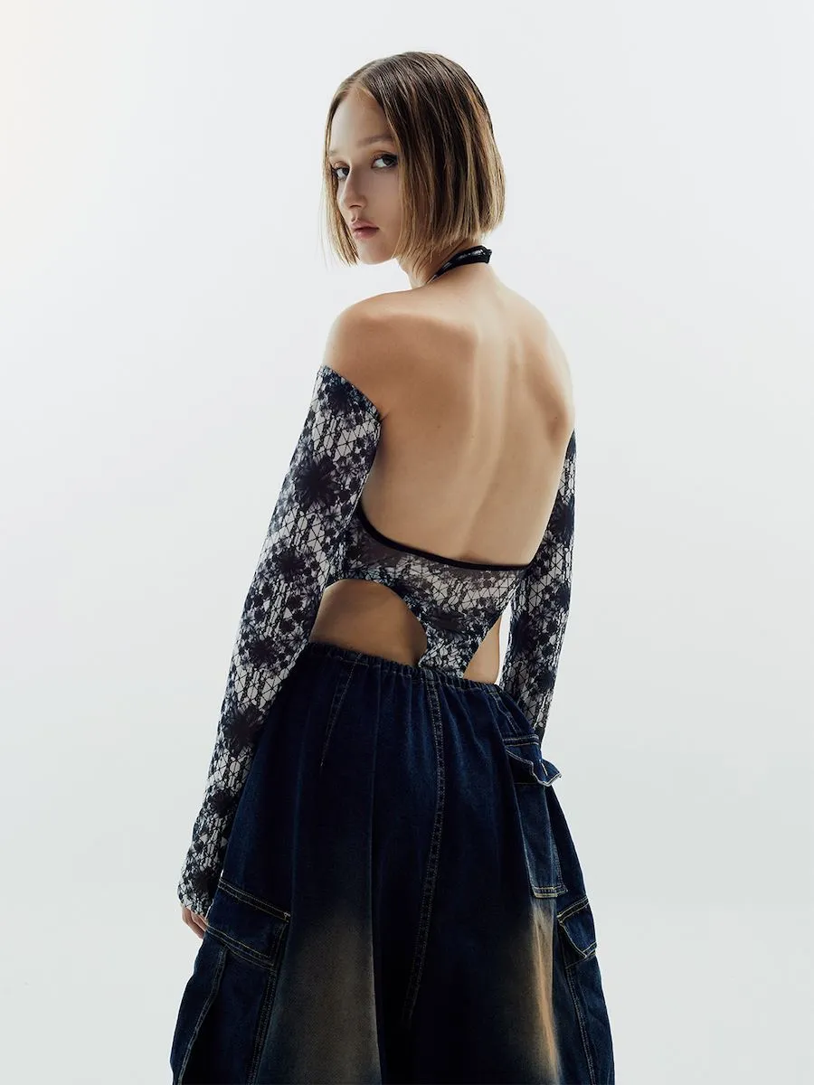 BLACKDOG BKK Women Black floral high cut bodysuit