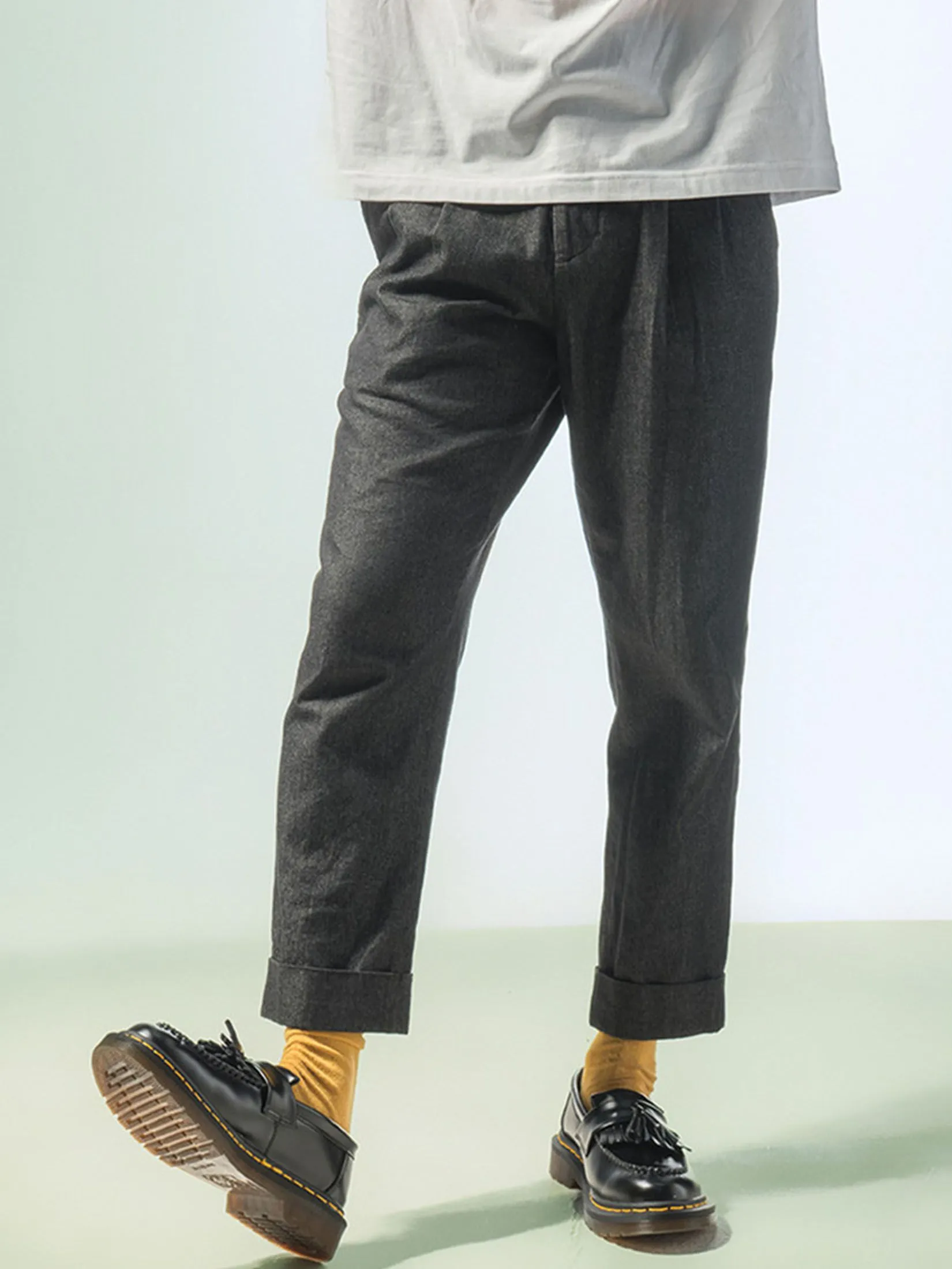 ERA-WON Men's Double belts trousers skinny crop fit Black