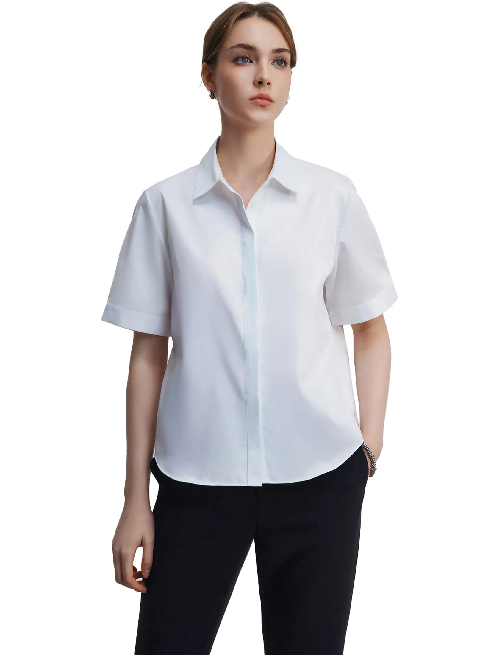 G2000 Women Clothing Easy Care Cotton Satin Short Sleeve Shirt  Loose Fit - White