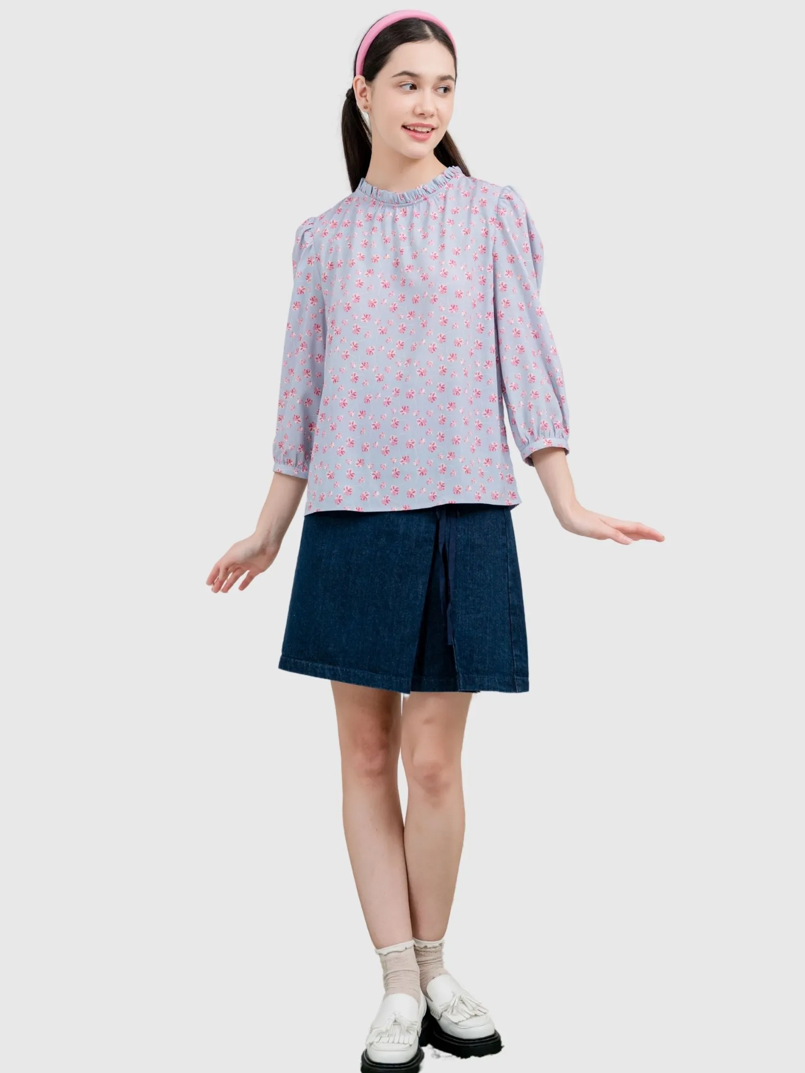 AMILA Women Blouse Long Sleeves Peach Skin Light Grey