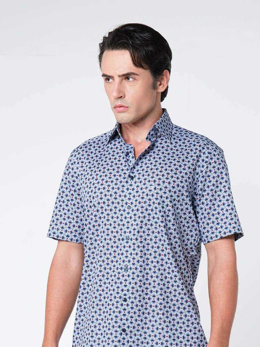 OLYMP MEN SHIRT SHORT SLEEVES CASUAL SHIRT MODERN FIT NAVY PATTERN PRINT