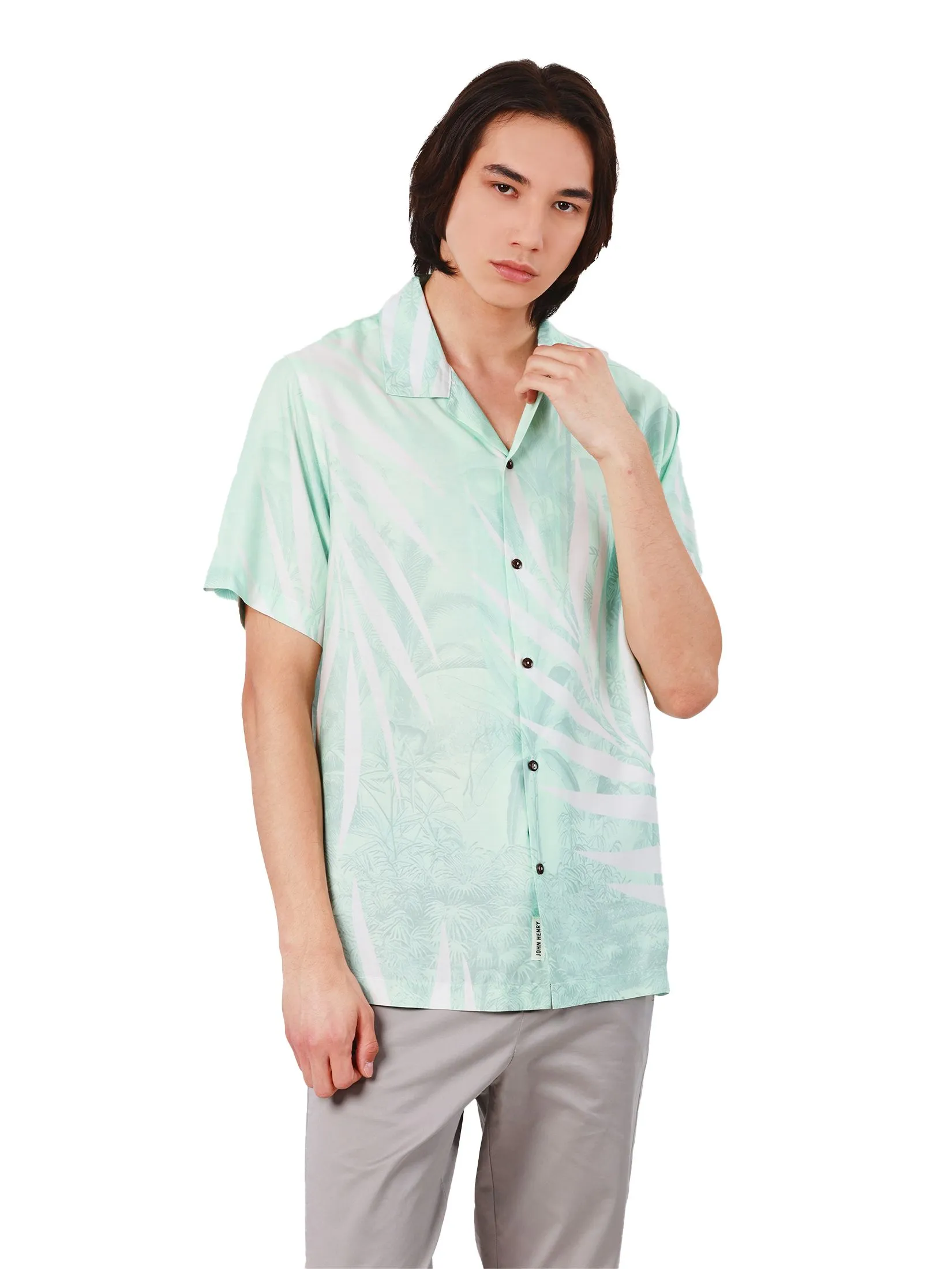 JOHN HENRY Men's Short Sleeves Hawaii Shirts (Relaxed Fit) DENIM Green
