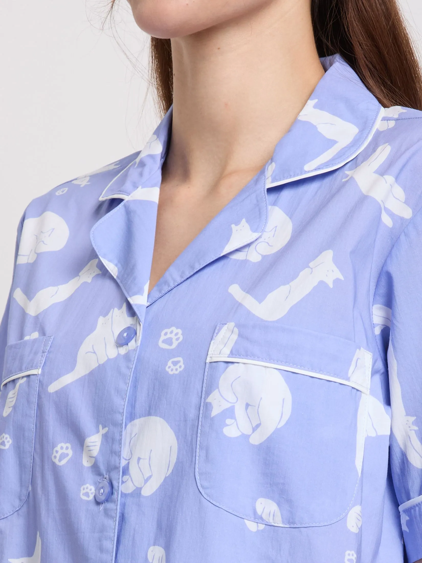 FOF Women Pyjamas Shirt Short Sleeves Collar Neck + Pants Print Purple