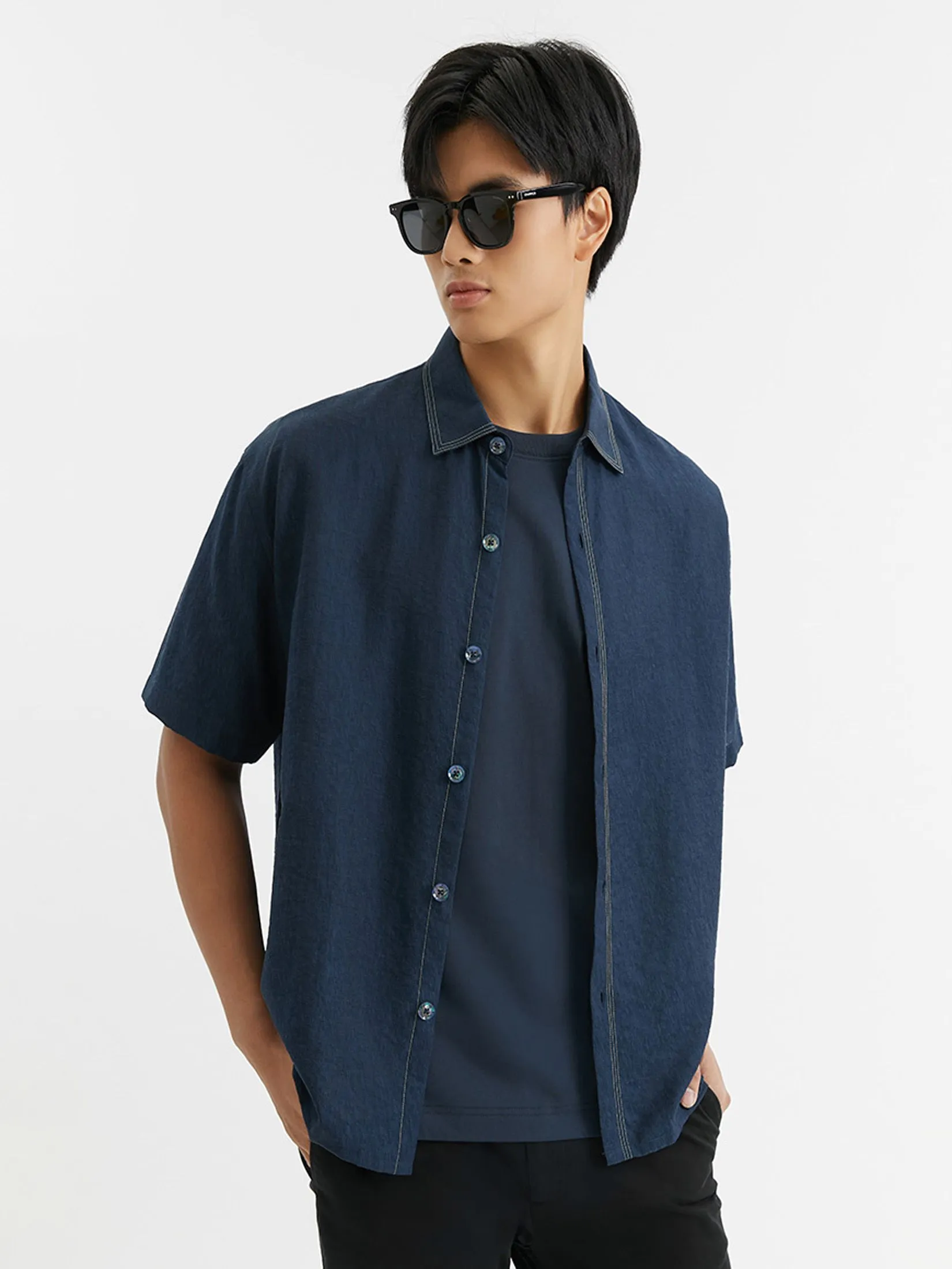 DAPPER Men Tonal Camo Jacquard Shirt Navy